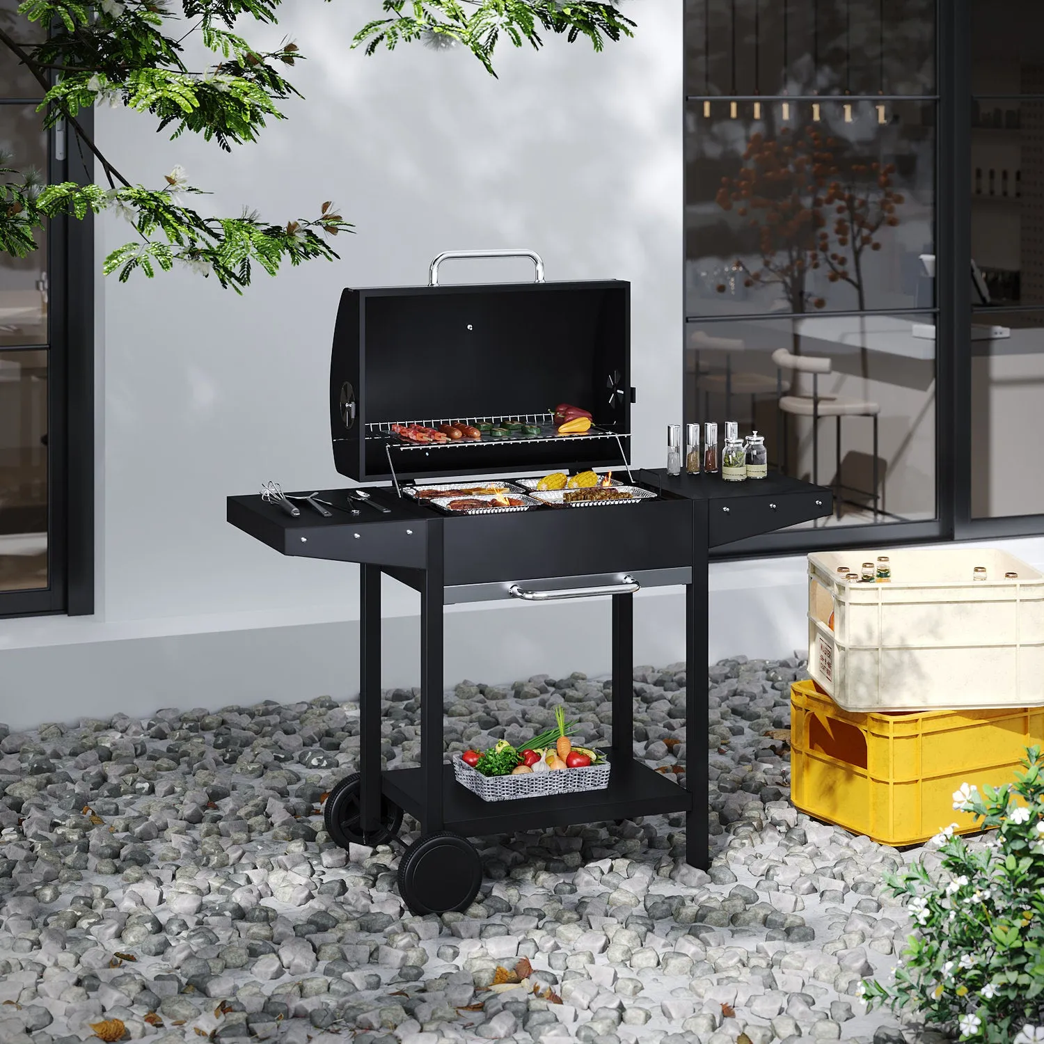 Carbon Steel Charcoal BBQ Grill with Domed Lid - Black by Julian Charles