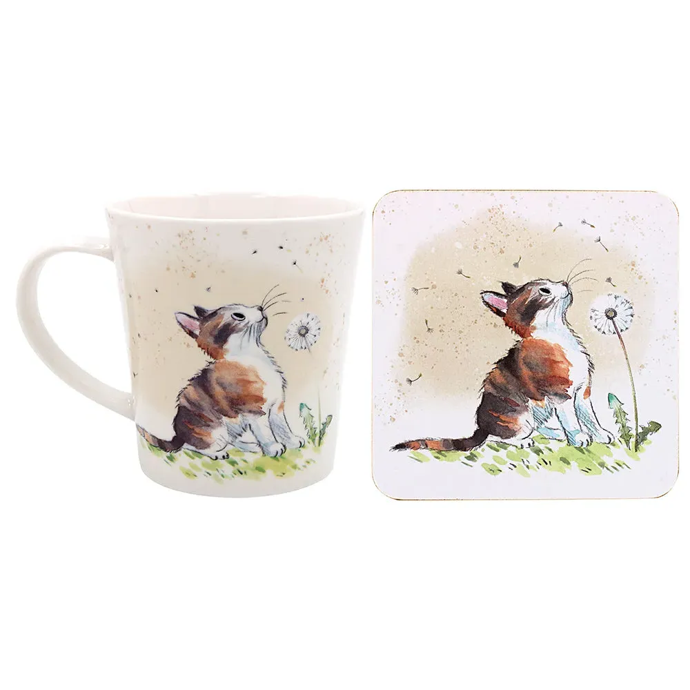 Cat with Dandelion Mug & Coaster Set by Julian Charles