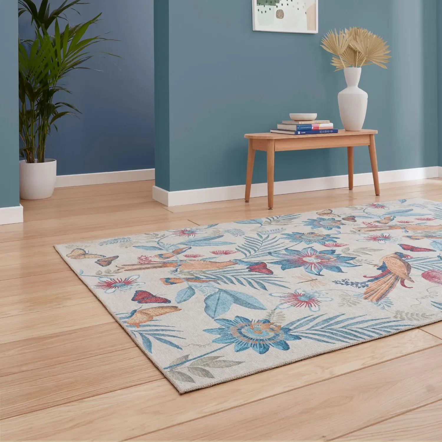 Tropical Birds Flat Weave Rug - Blue, Polyester alternate view