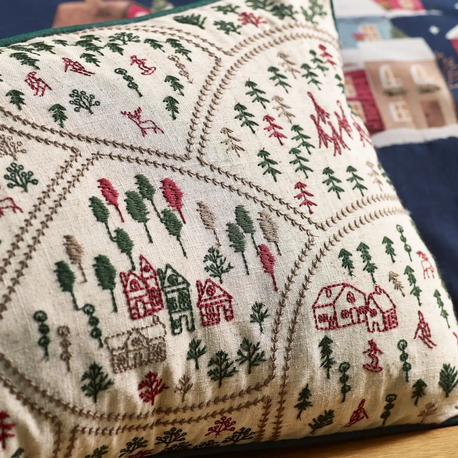 Catherine Lansfield Christmas Ski Village Embroidered Cushion - Natural by Julian Charles, alternate view