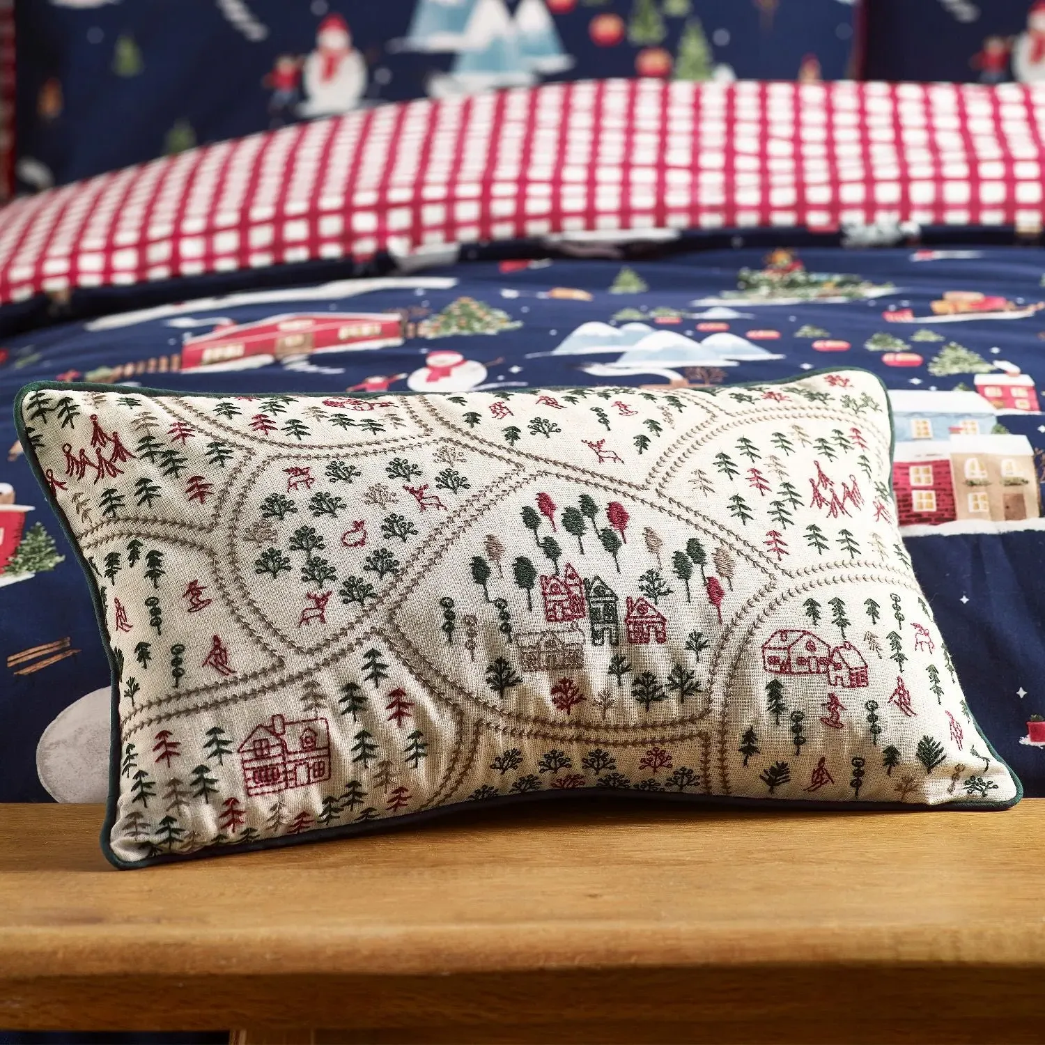 Catherine Lansfield Christmas Ski Village Embroidered Cushion - Natural by Julian Charles