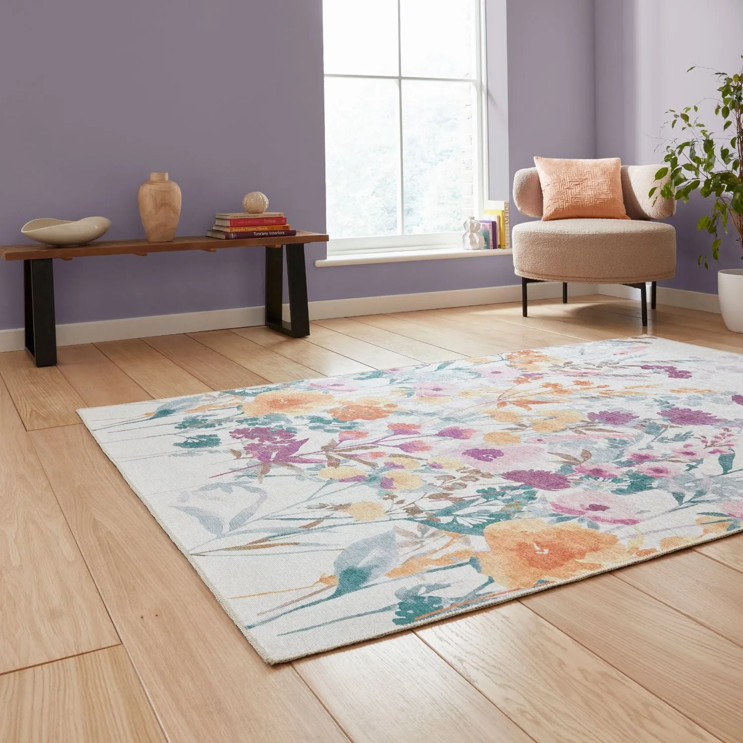 Country Floral Rug - Yellow, Polyester alternate view