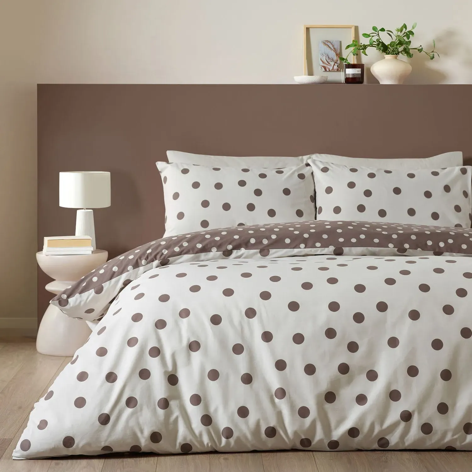 Catherine Lansfield Polka Dot Double Reversible Duvet Set - Brown by Julian Charles, image 2