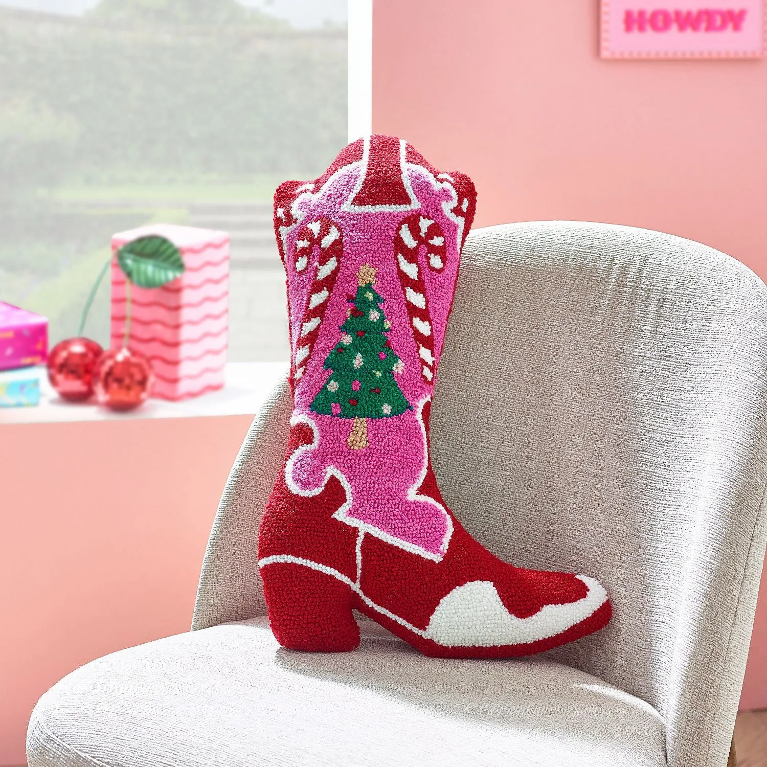Catherine Lansfield Santa's Howdy Christmas Boot Boucle 3D Shaped Cushion - Pink by Julian Charles