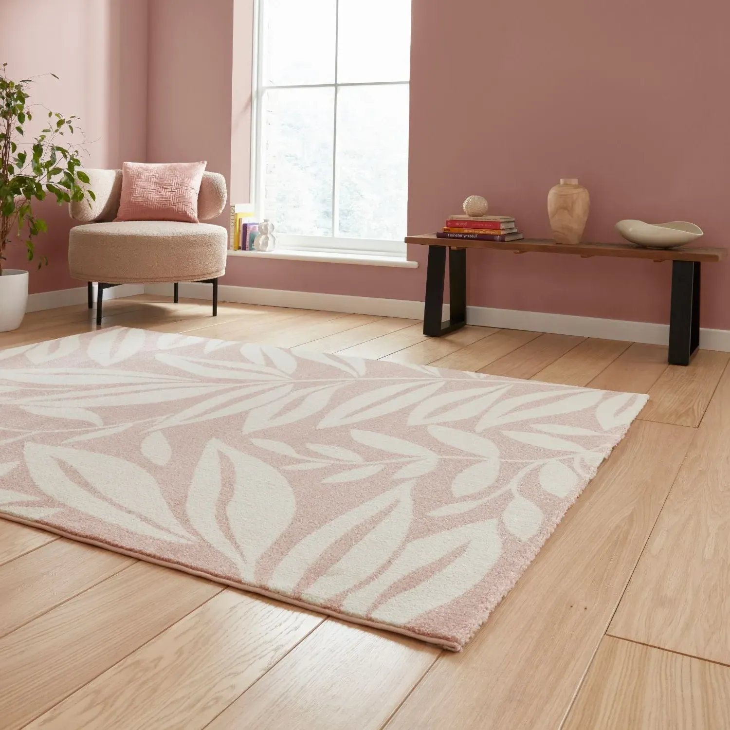 Botanical Rug with Leaf Pattern - Rose, Polypropylene by Julian Charles, image 2