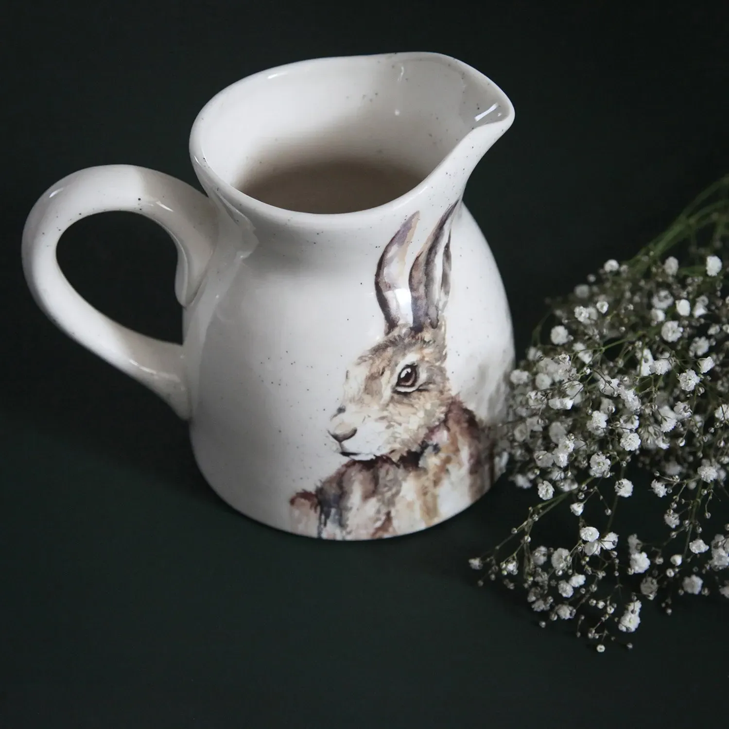 Ceramic Jug with Hare Design - White, Speckled image