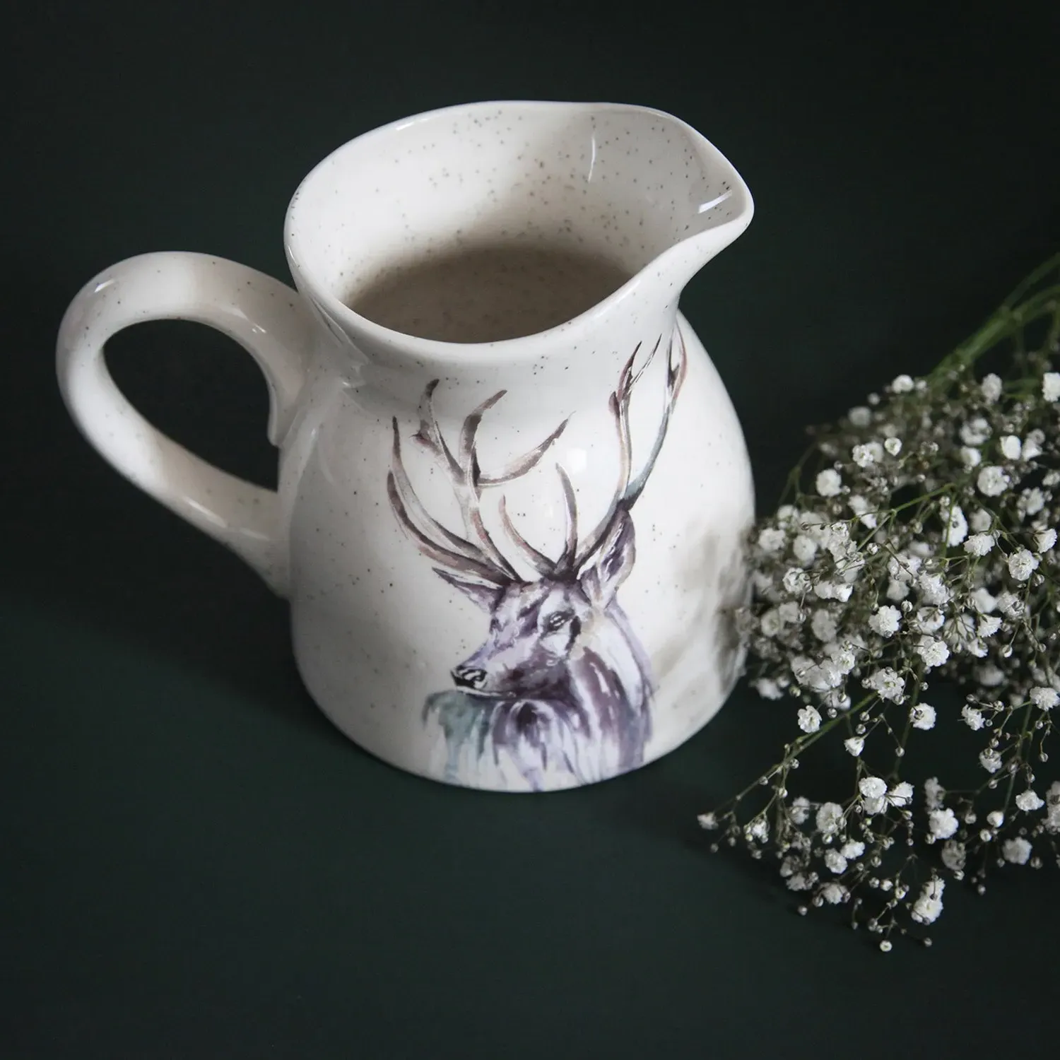 Ceramic Jug with Stag Design - White, Speckled