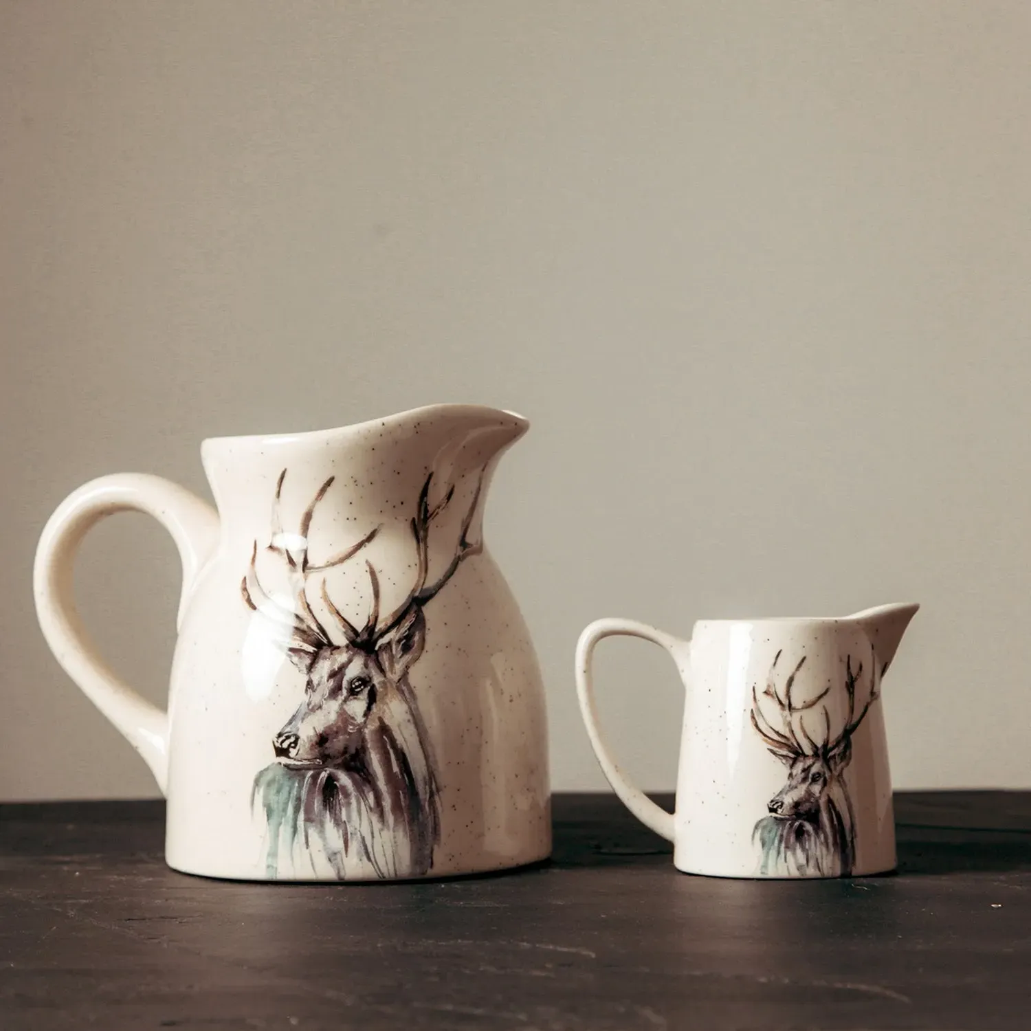 Ceramic Jug with Stag Design - White, Speckled