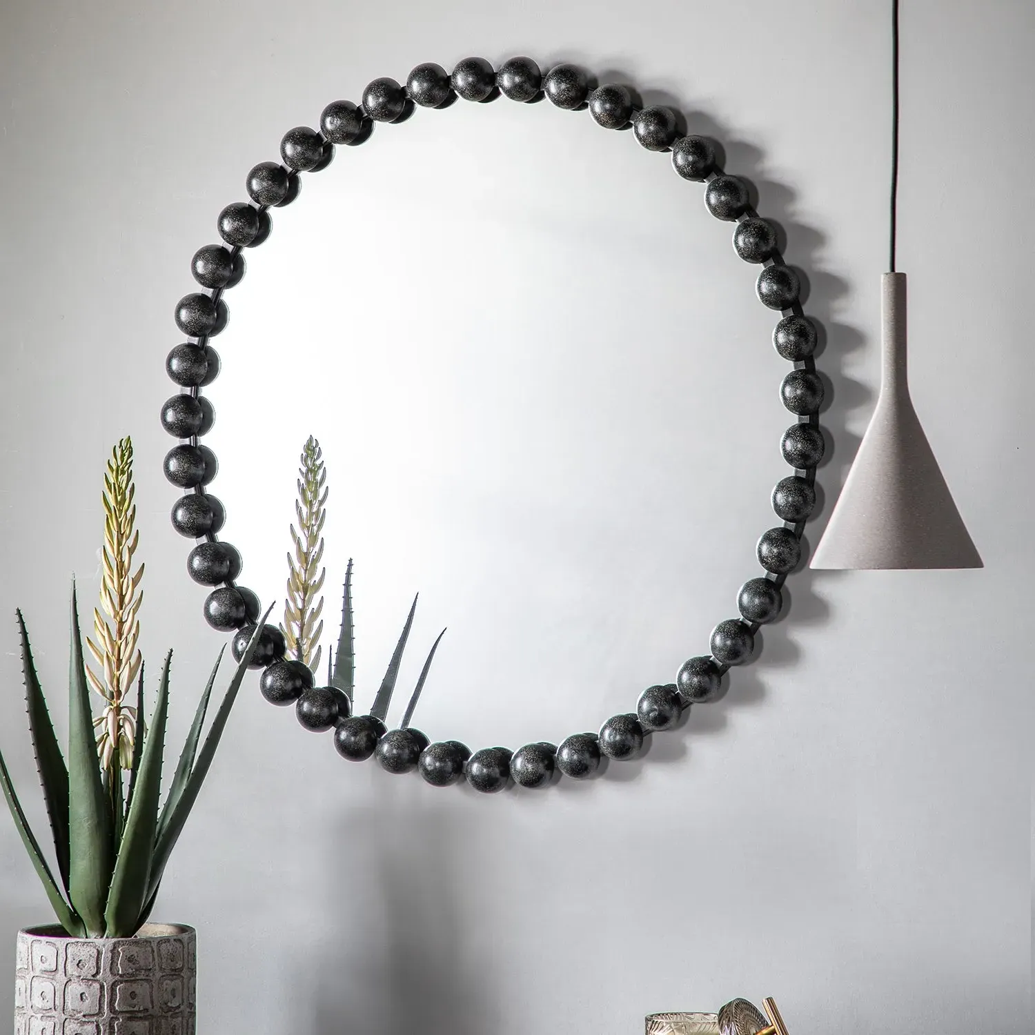 Round Mirror with Beaded Frame - Black, Metal by Julian Charles