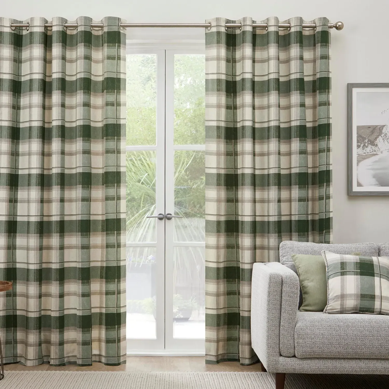 Check Eyelet Curtains - Green, Fabric