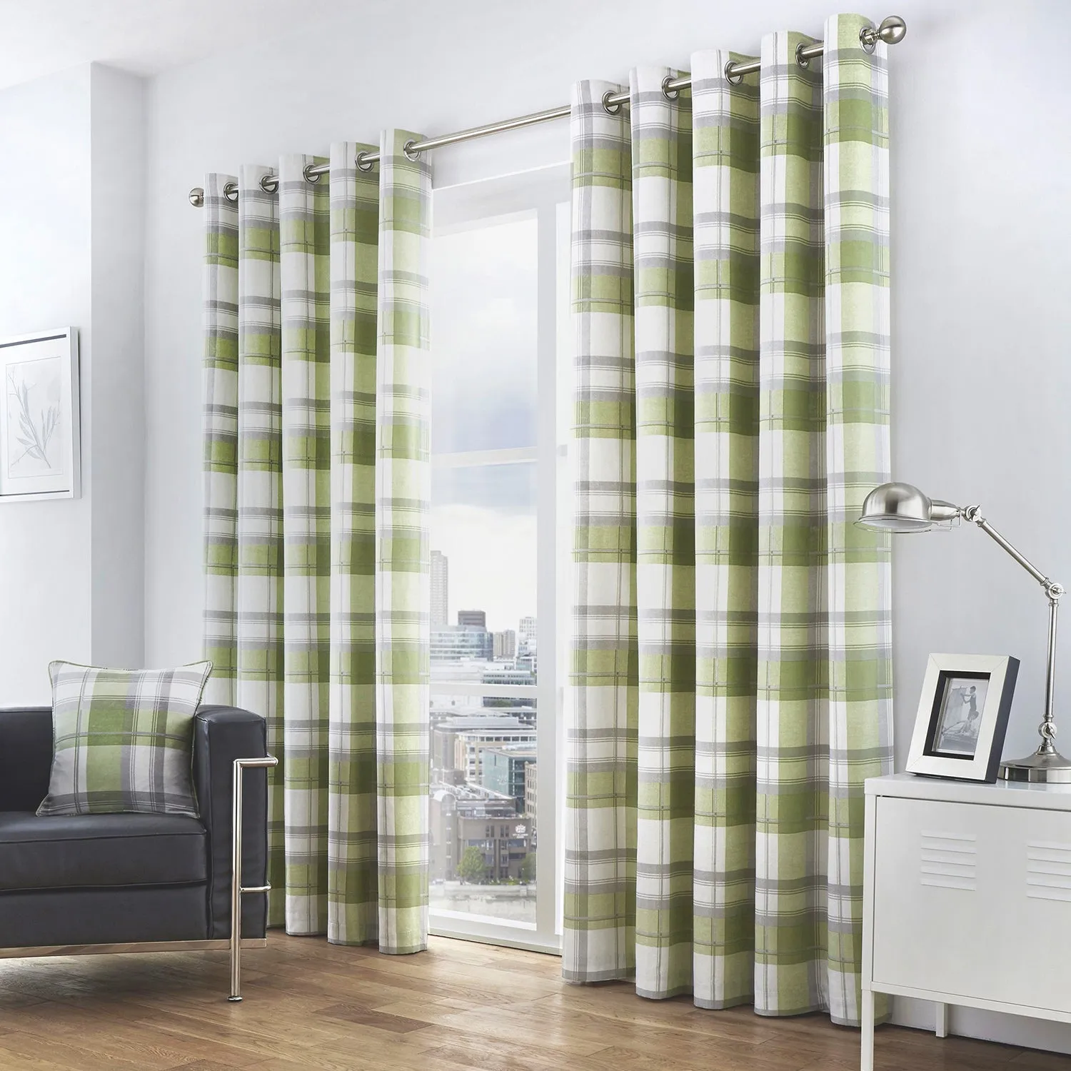 Check Eyelet Curtains - Green