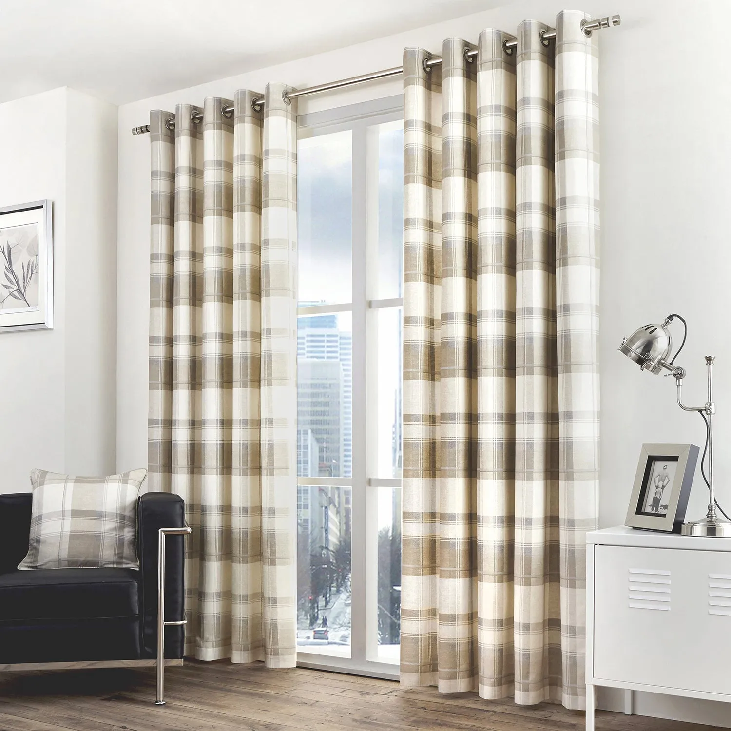 Check Eyelet Curtains - Natural, Fabric
