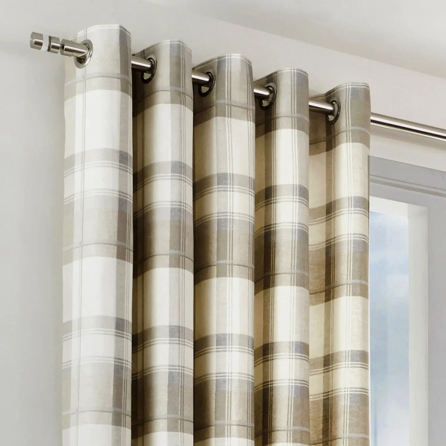 Check Eyelet Curtains - Natural, Fabric