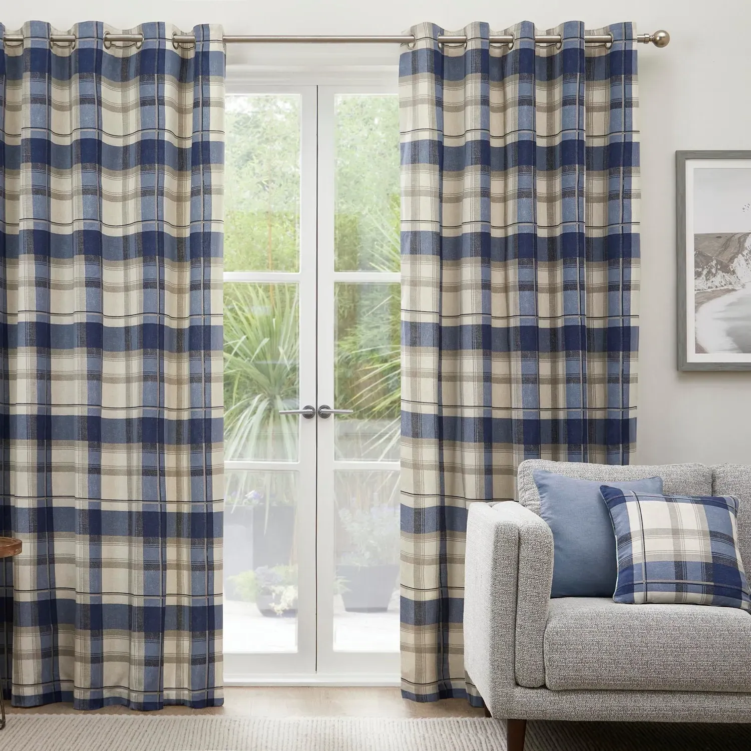 Check Eyelet Curtains - Navy Blue