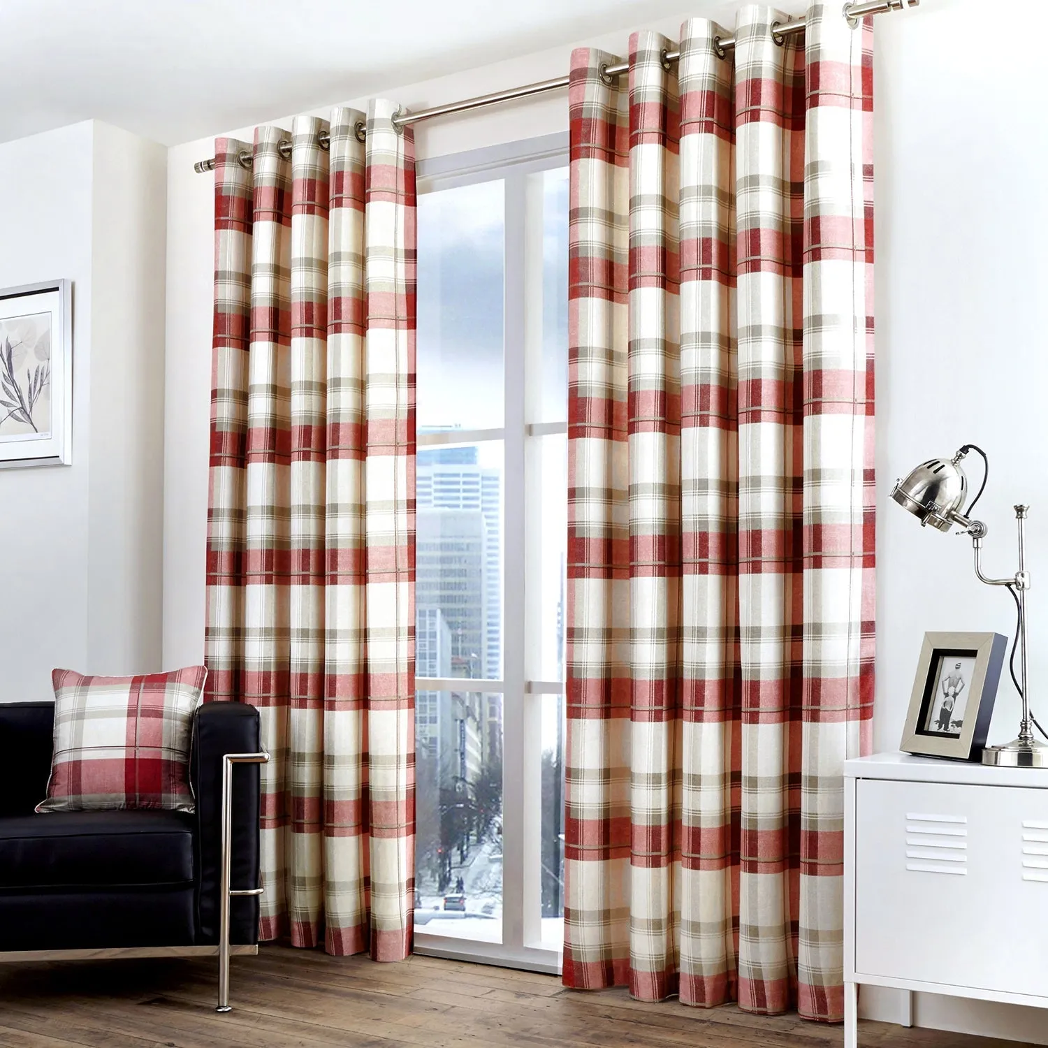 Check Eyelet Curtains - Ruby Red, Fabric