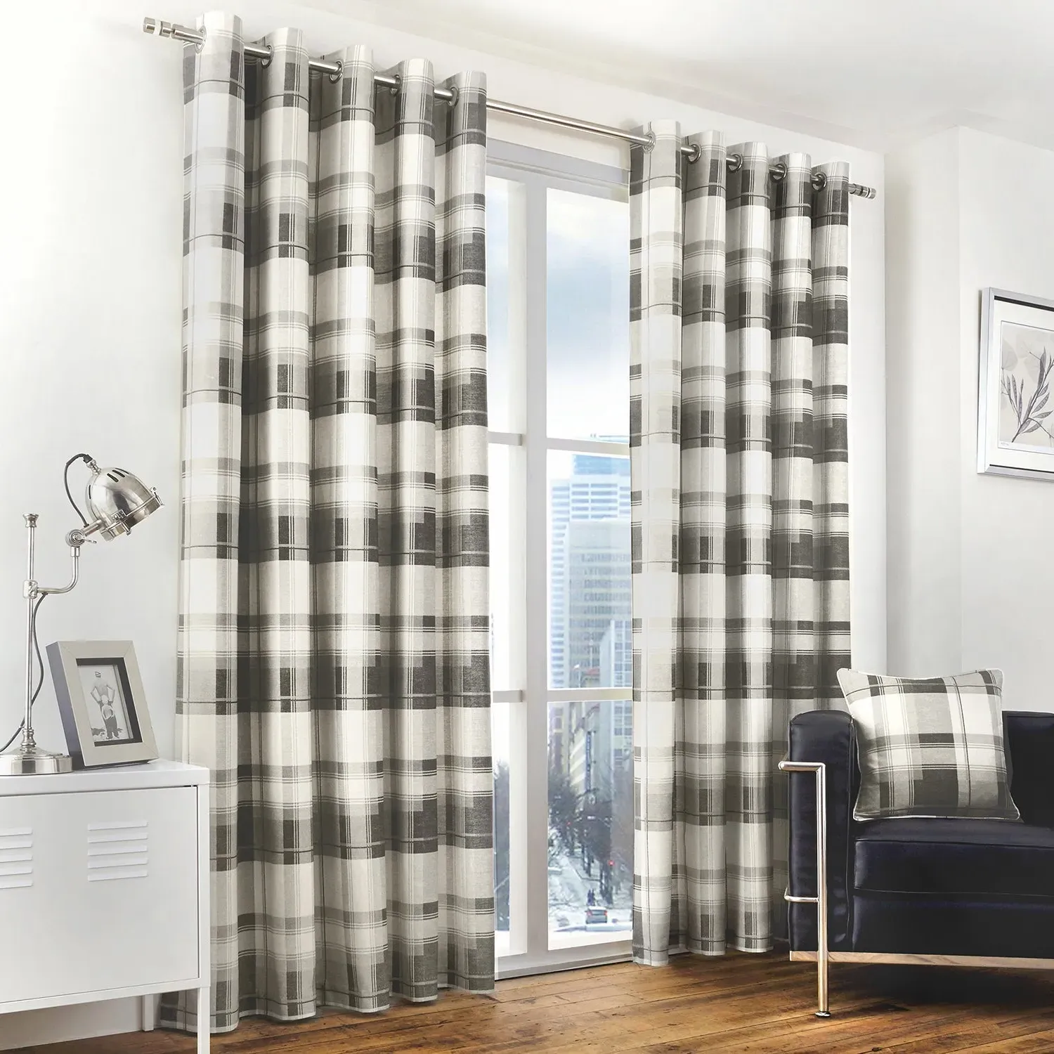 Check Eyelet Curtains - Slate Grey, Fabric