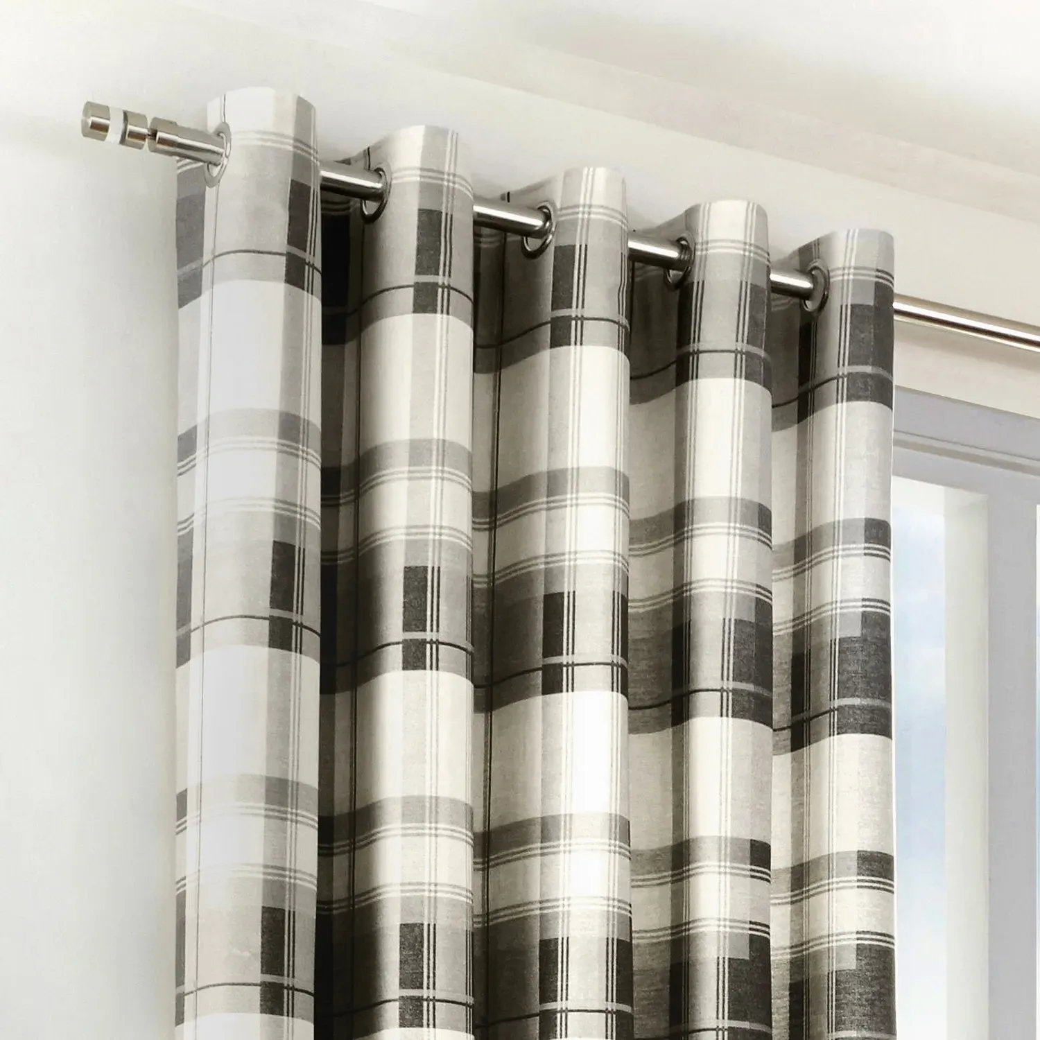 Check Eyelet Curtains - Slate Grey, Fabric image