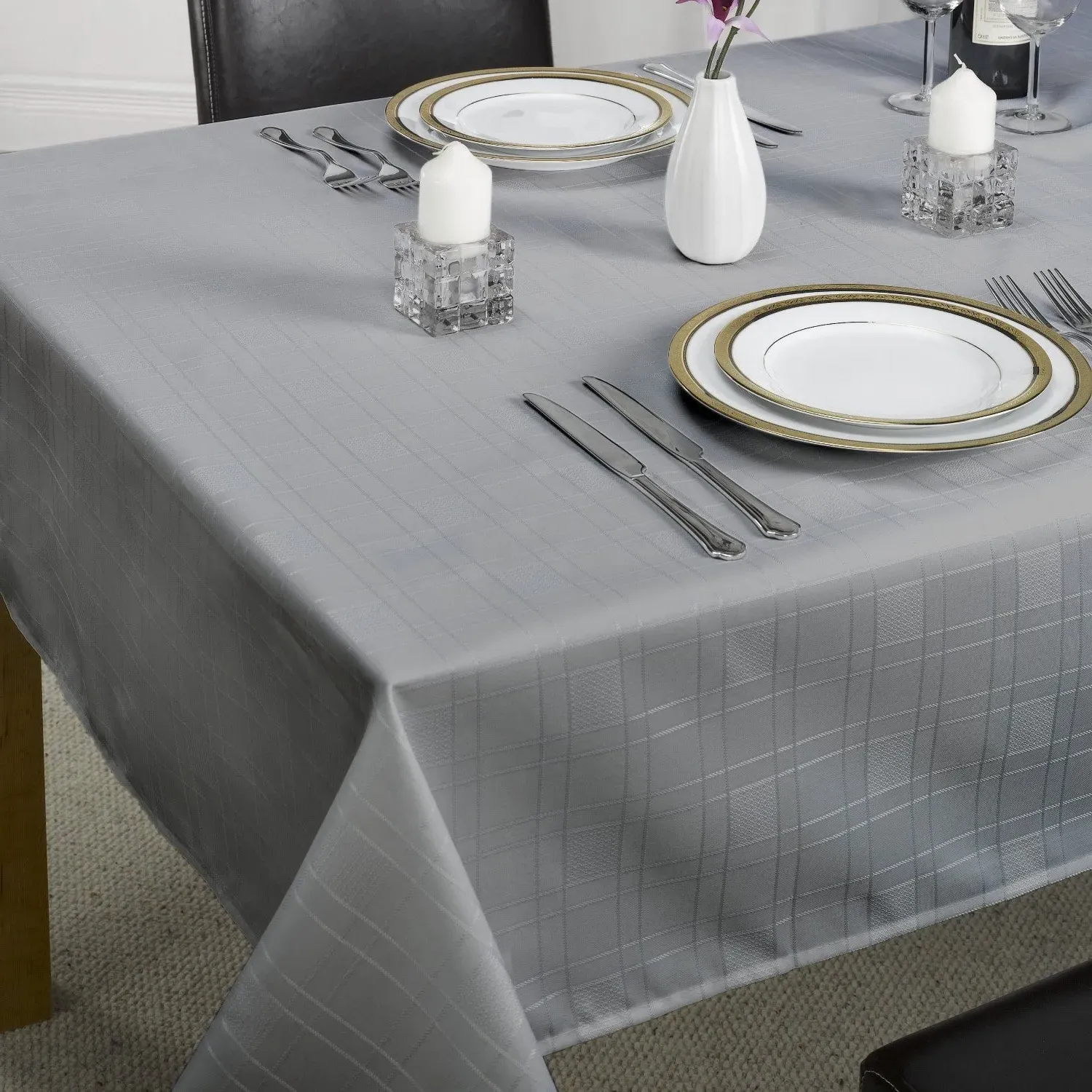 Chequers Round Tablecloth - Grey, Jacquard Polyester alternate view