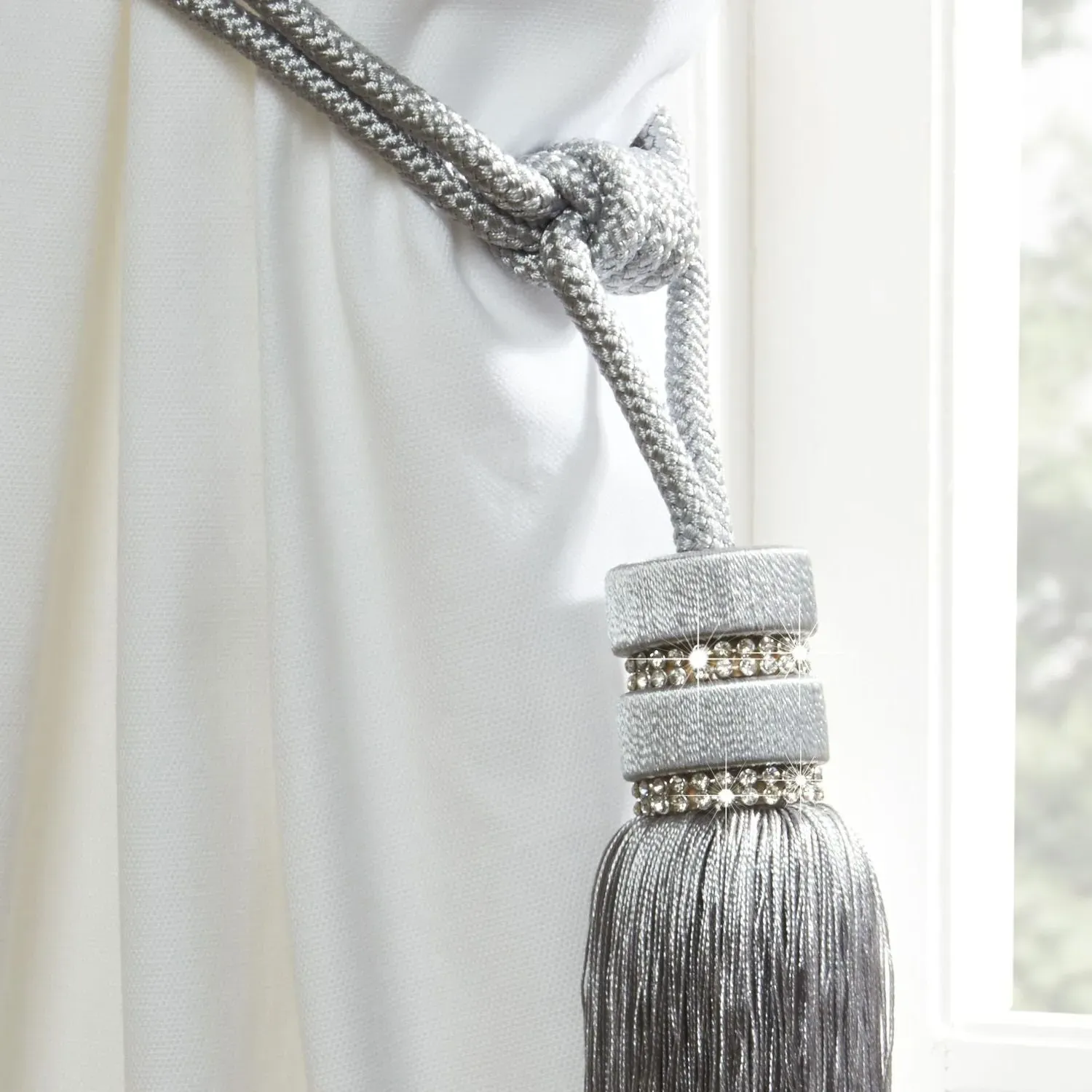 Rope Curtain Tiebacks with Diamante - Grey alternate view
