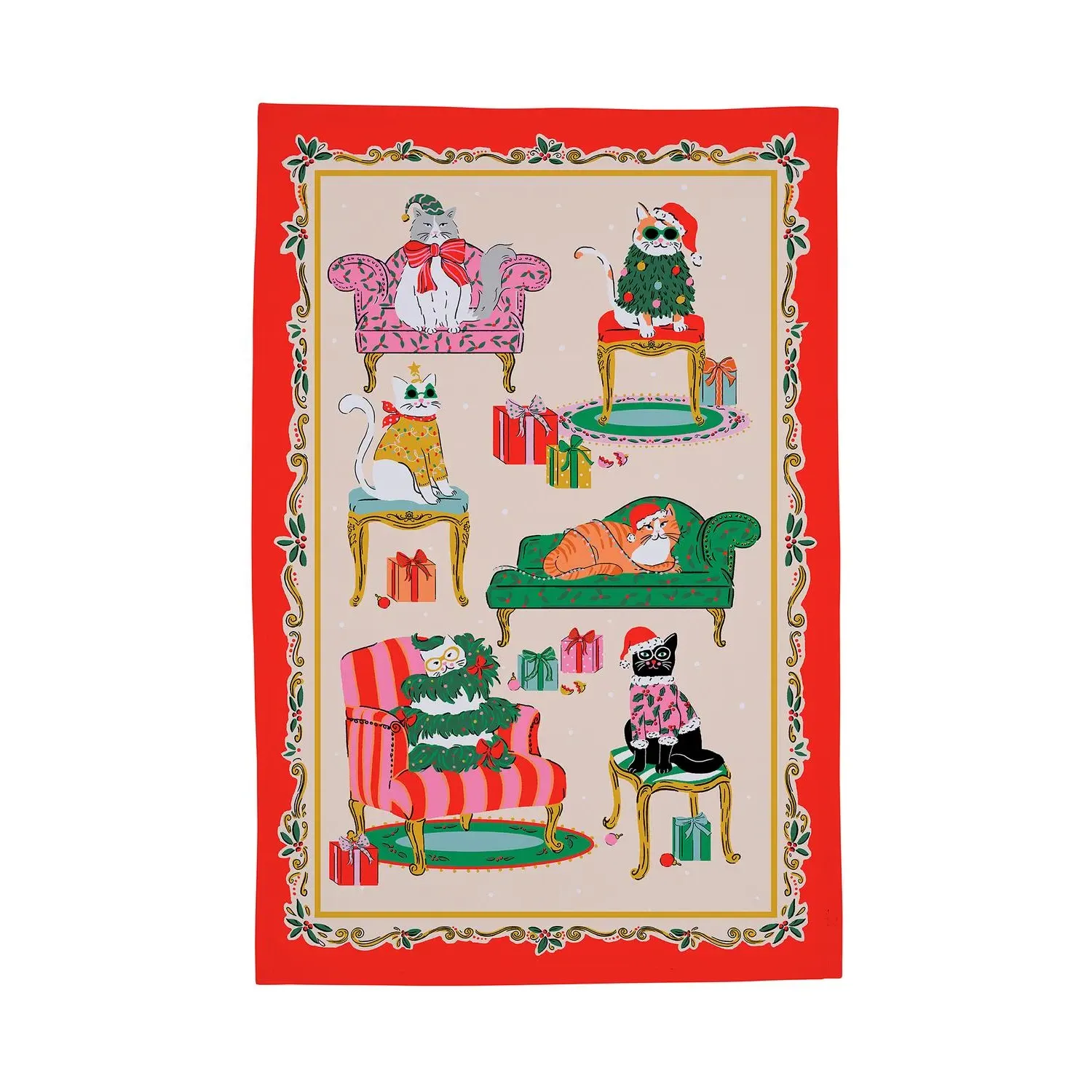 Christmas Cool Cats Cotton Tea Towel - Multi by Julian Charles