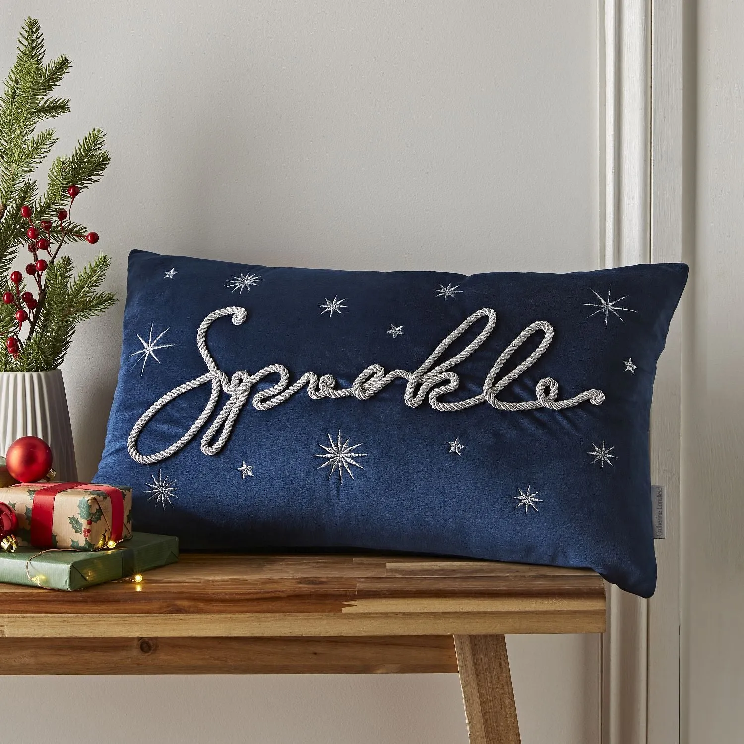 Christmas Cushion with Sparkle Text - Blue, Velvet image
