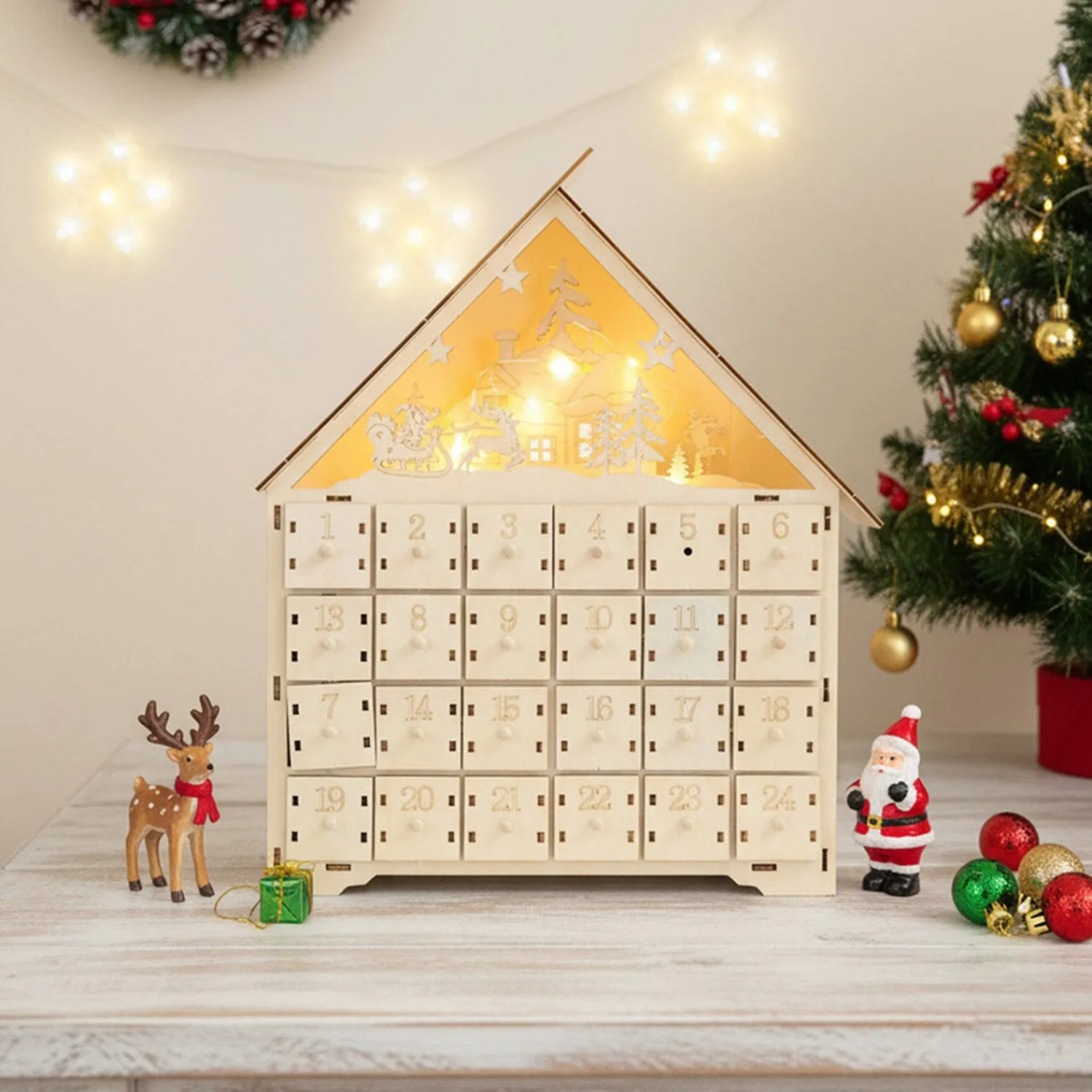 Christmas Deer Advent Calendar with Lights - Natural by Julian Charles
