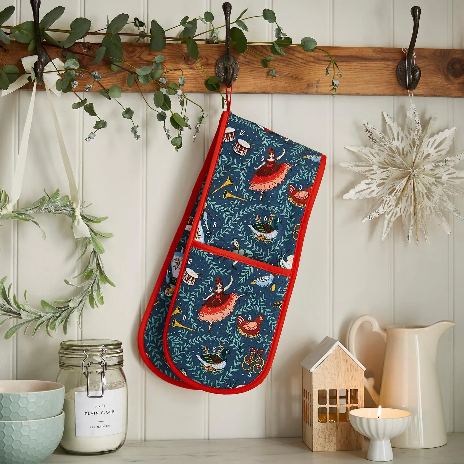 Christmas Double Oven Glove - Blue, Cotton image