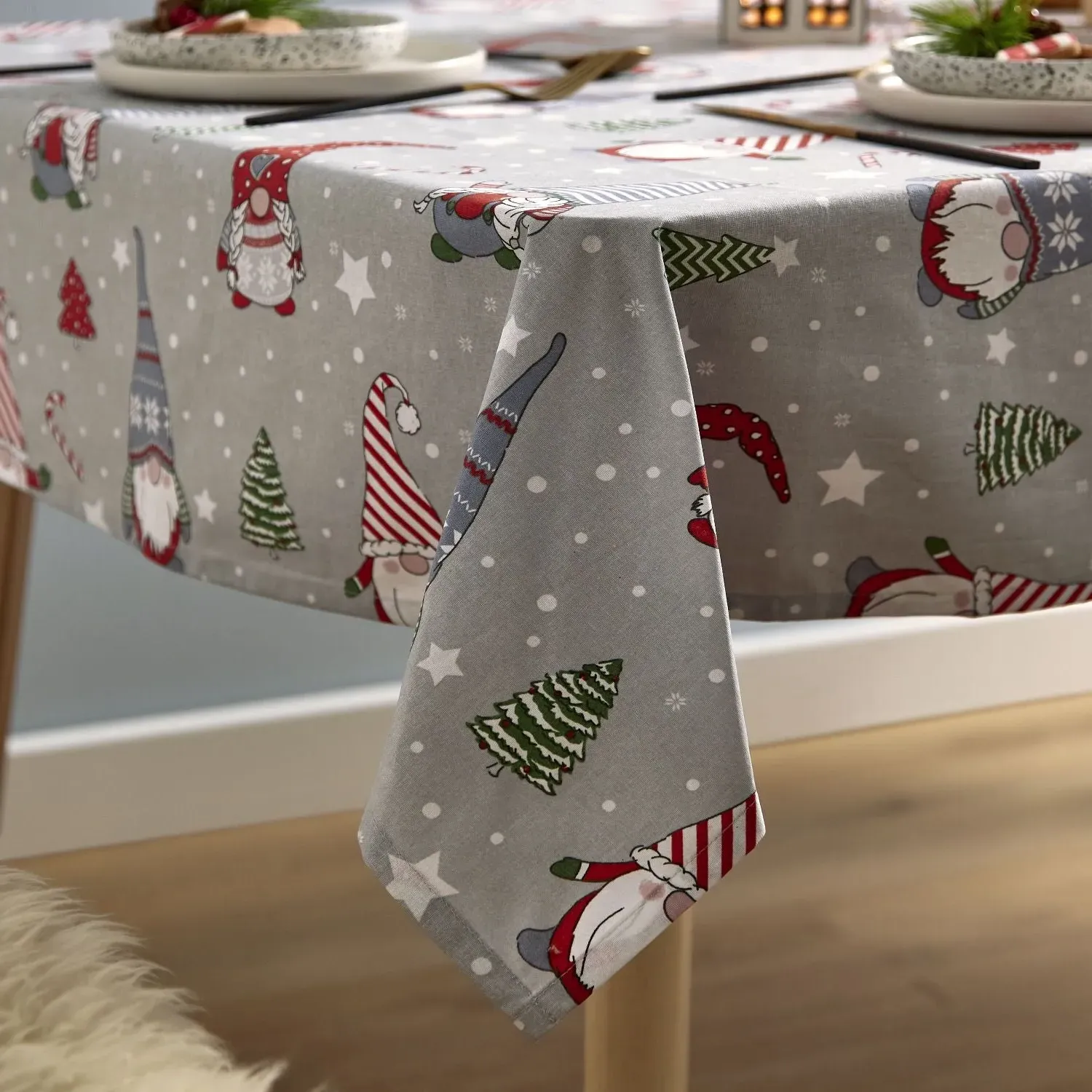 Christmas Gnome Table Cloth - Grey, Cotton