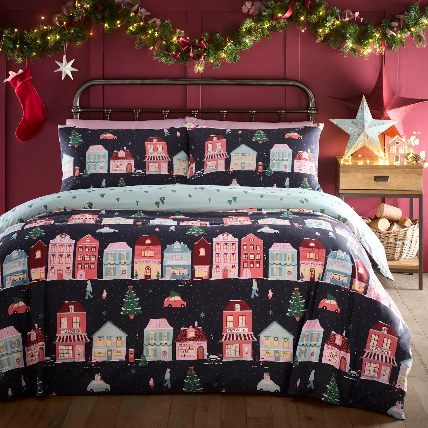 Christmas Houses Single Reversible Duvet Set - Blue, Polycotton product