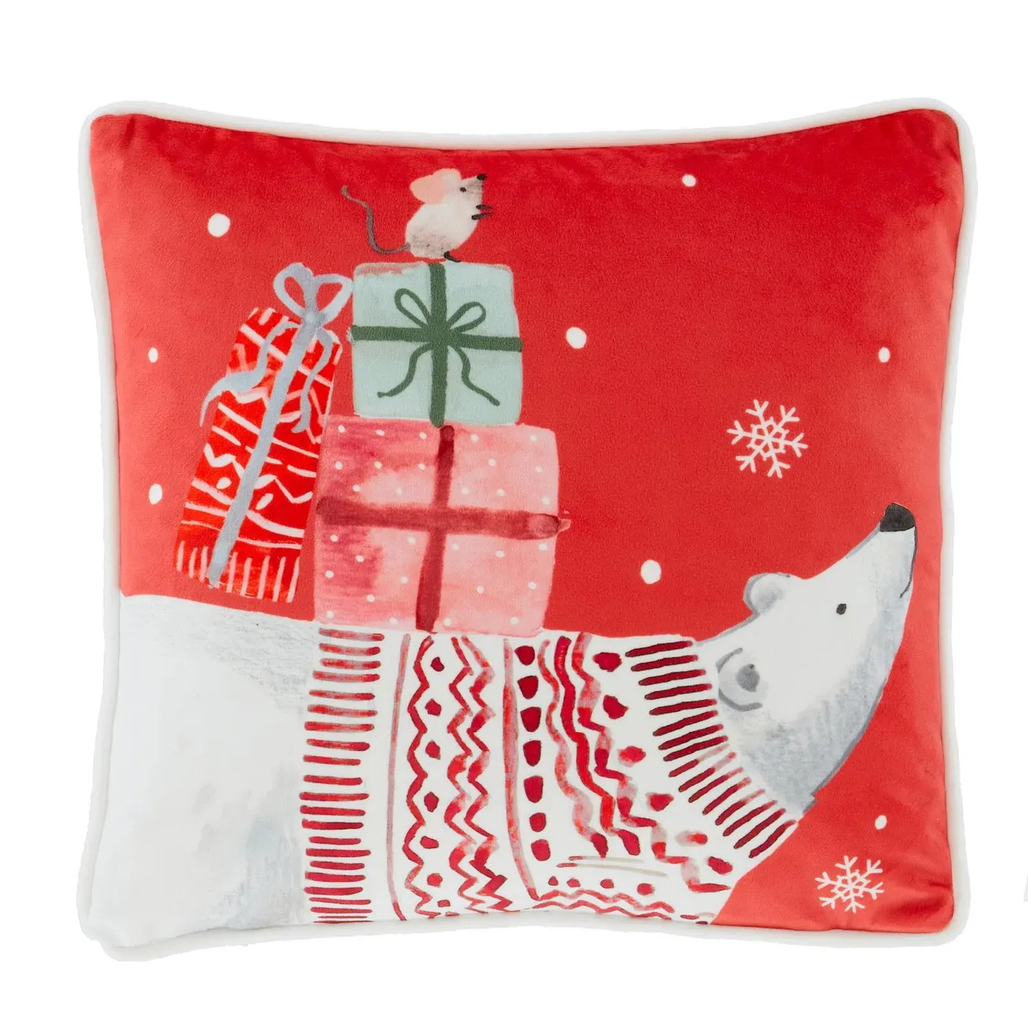 Christmas Polar Bear Cushion - Red, Velvet