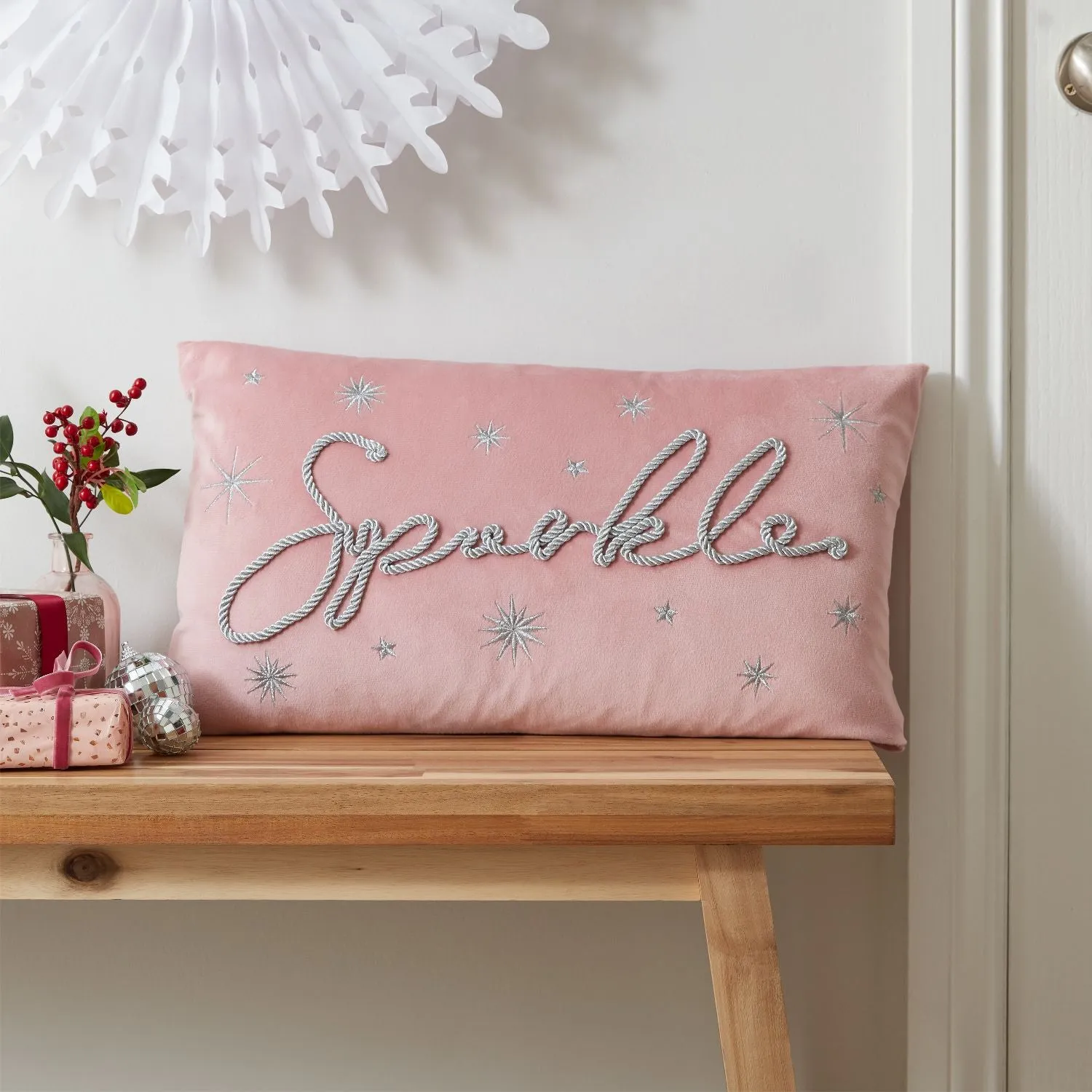 Christmas Sparkle Cushion - Pink, Velvet