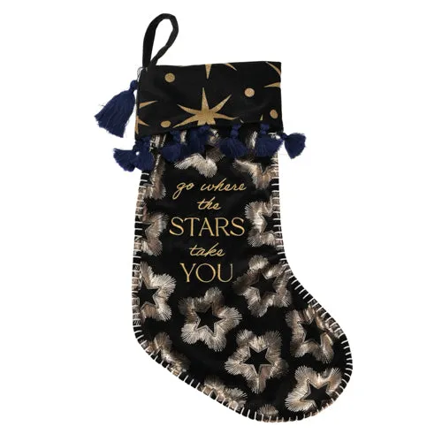 Christmas Stocking with Embroidery - Black, Velvet
