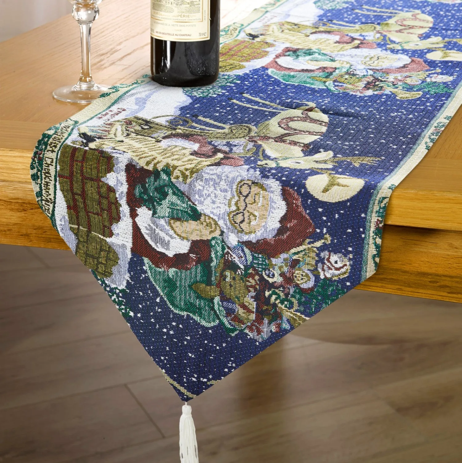 Christmas Table Runner with Tassels - Blue, Tapestry image