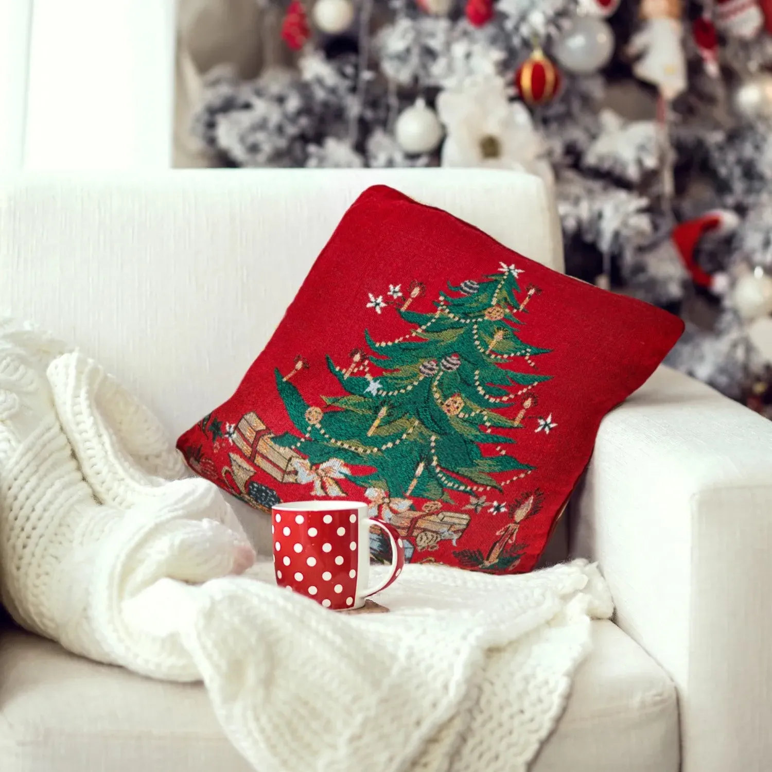 Christmas Tree Cushion Cover Pair - Red, Tapestry image