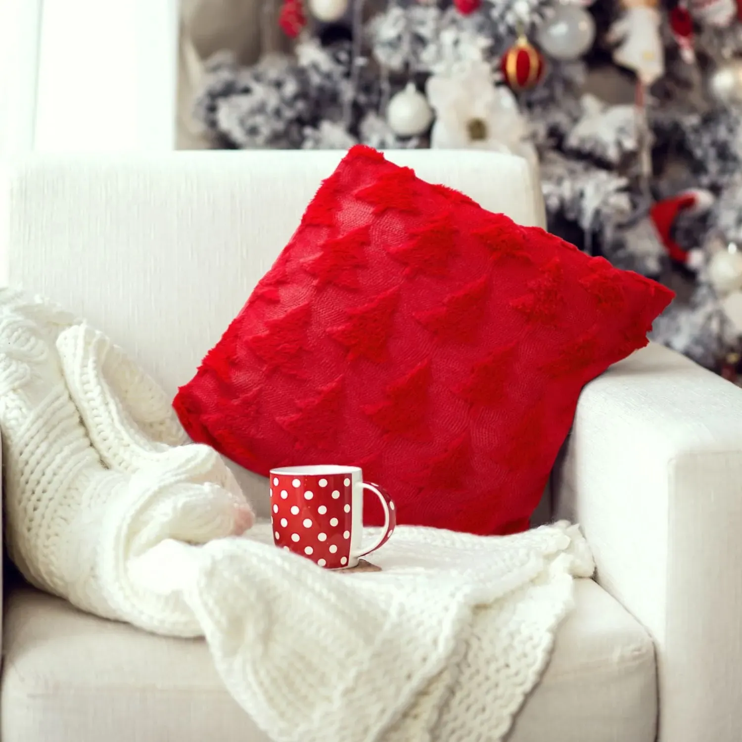 Christmas Tree Cushion Covers Pair - Red, Polyester