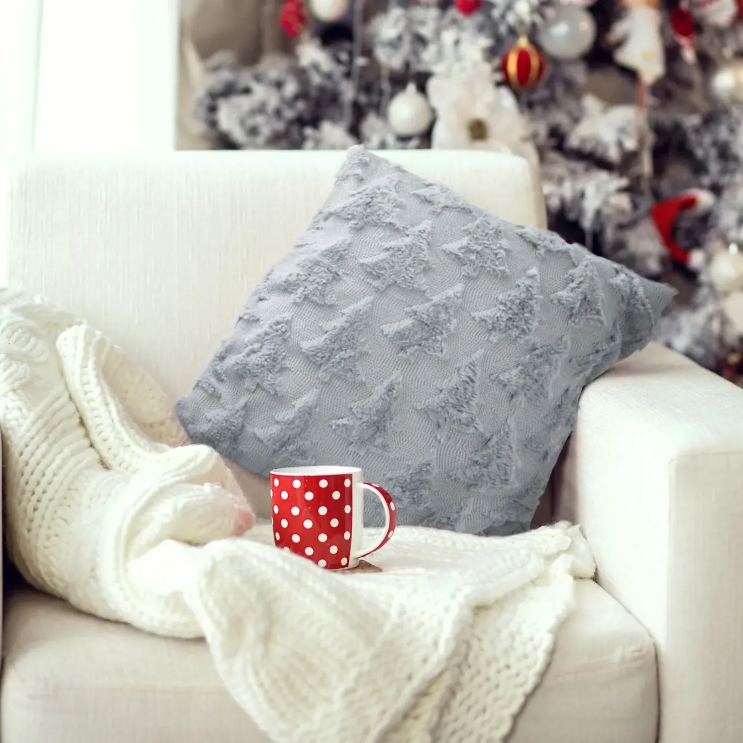 Christmas Tree Cushion Covers Pair - Silver, Polyester