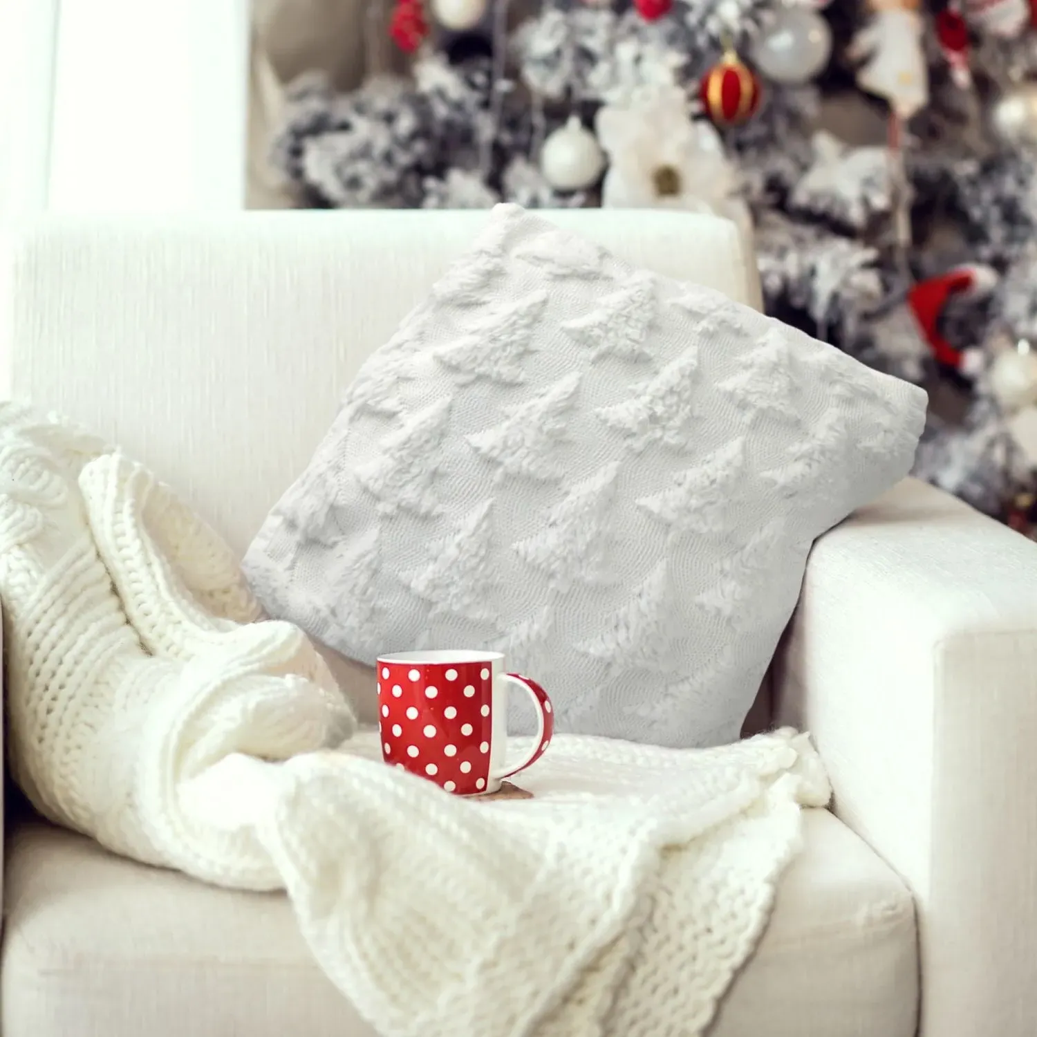 Christmas Tree Cushion Covers Pair - White, Polyester