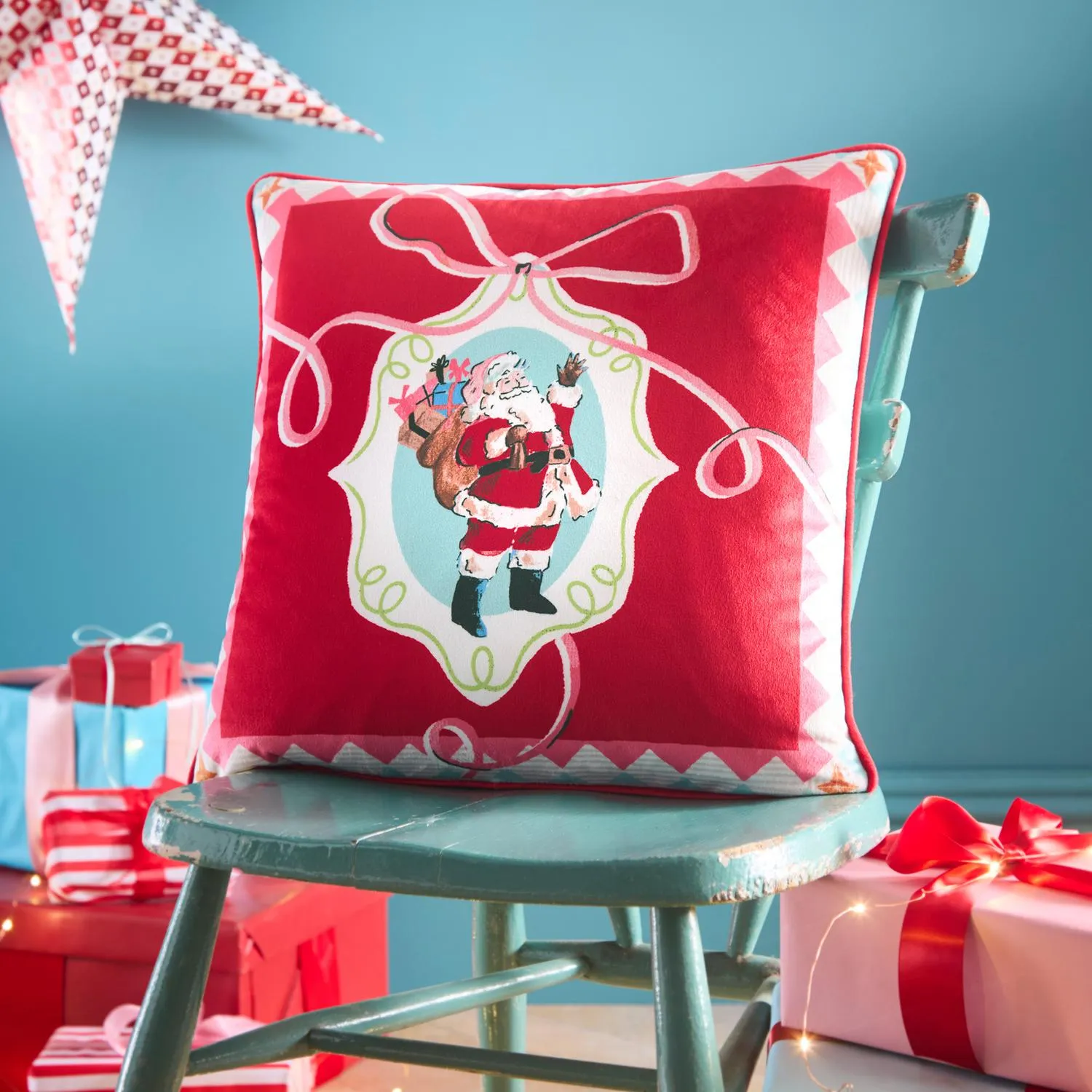 Christmas Vintage Frames Reversible Cushion - Red, Velvet by Julian Charles