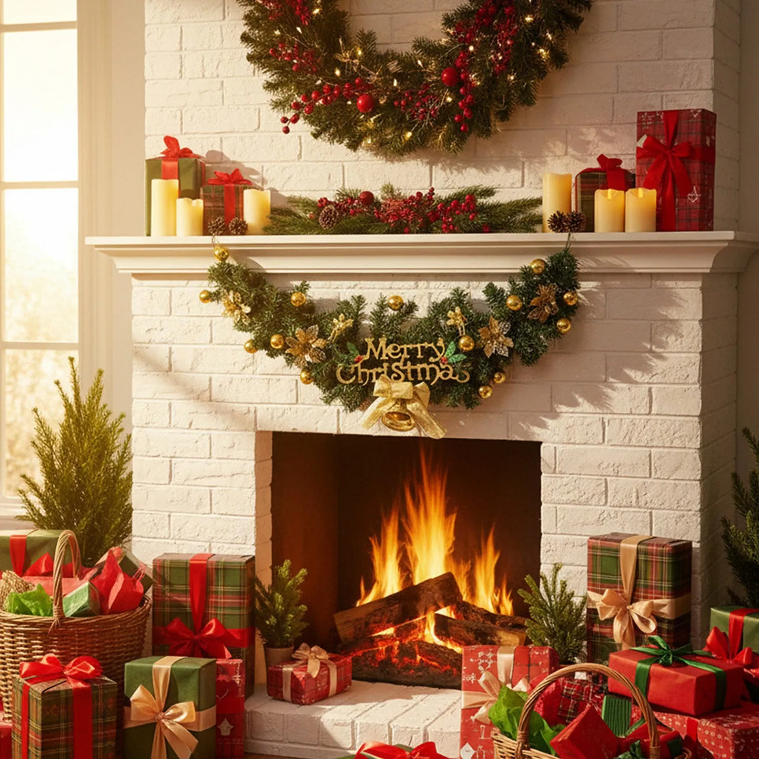Christmas Wreath with Gold Flowers and Pinecone - Green by Julian Charles, image 2