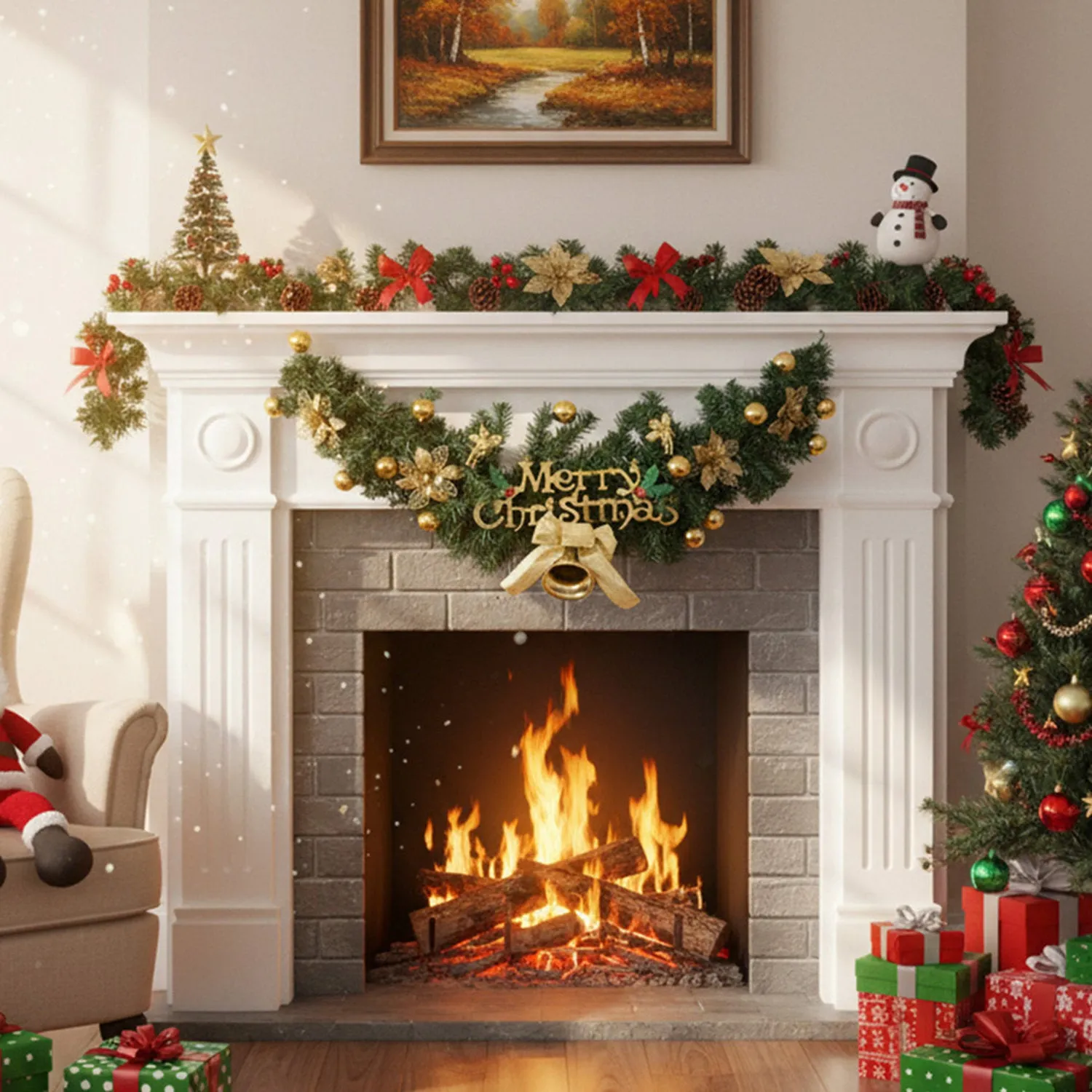 Christmas Wreath with Gold Flowers and Pinecone - Green by Julian Charles