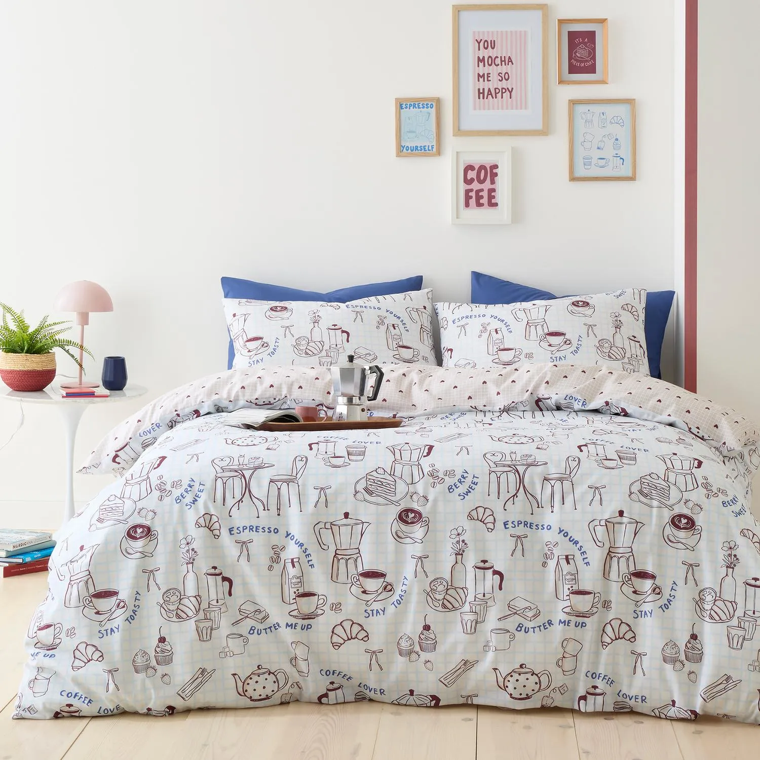 Coffee Club Single Reversible Duvet Set - Blue, Polycotton by Julian Charles, image 2