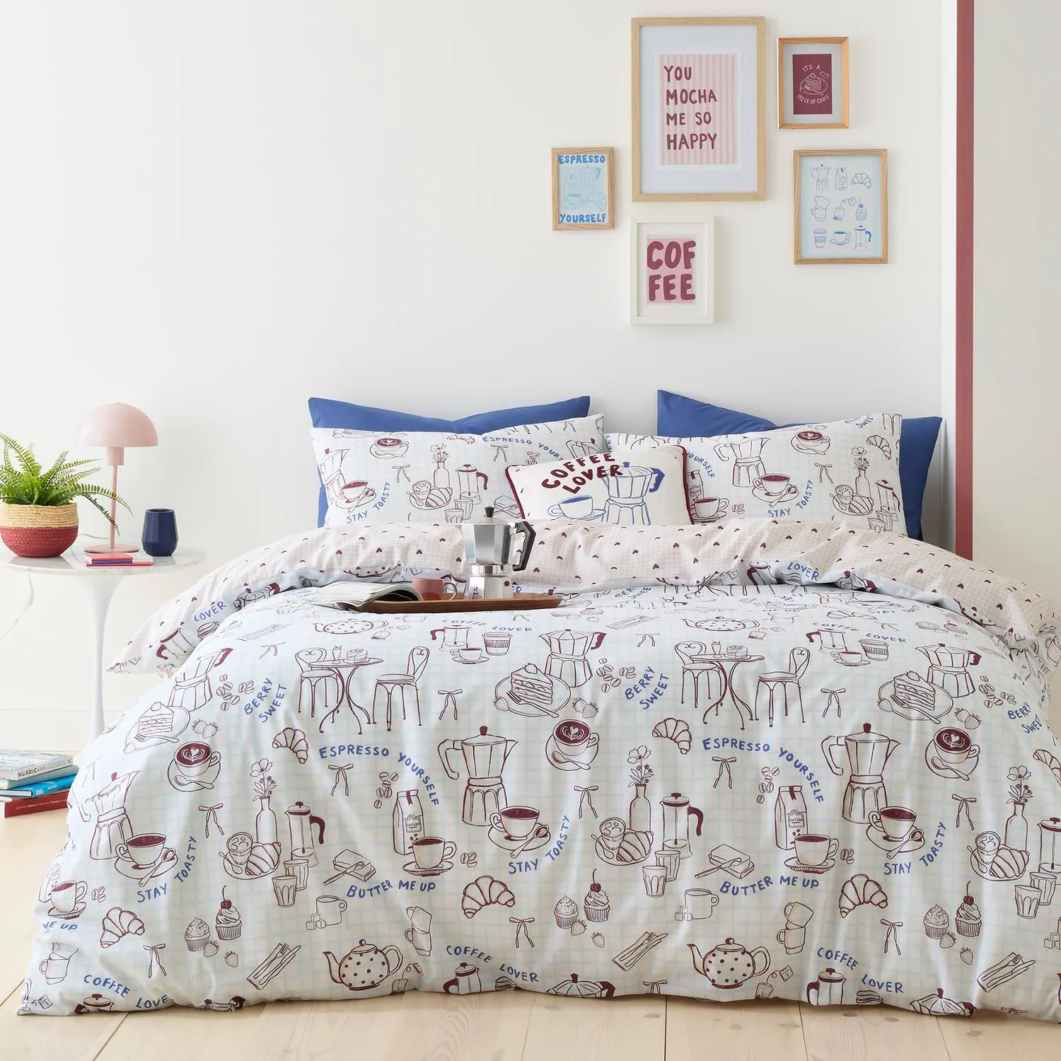 Coffee Club Super King Reversible Duvet Set - Blue, Polycotton by Julian Charles