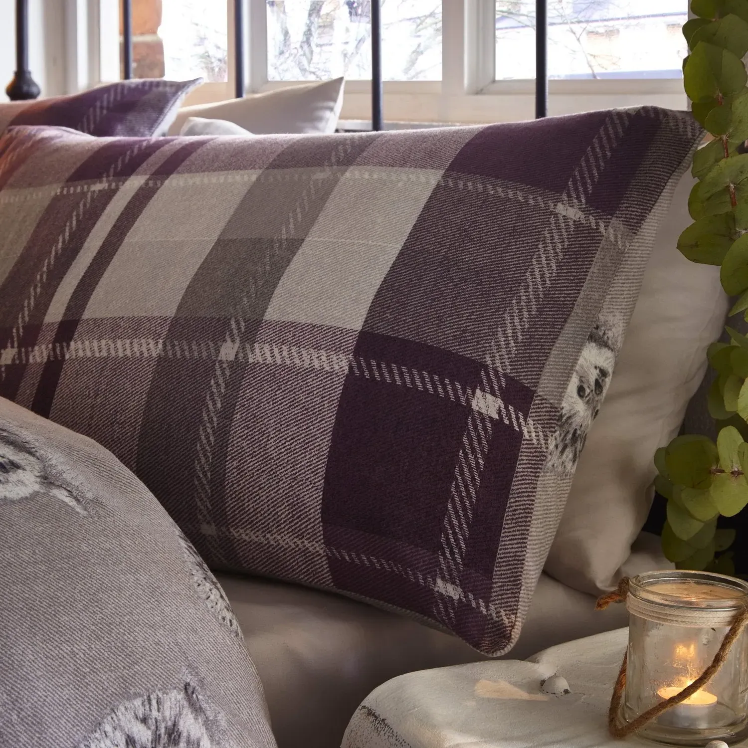 Double Duvet Set Check Pattern - Purple, Cotton by Julian Charles, image 2