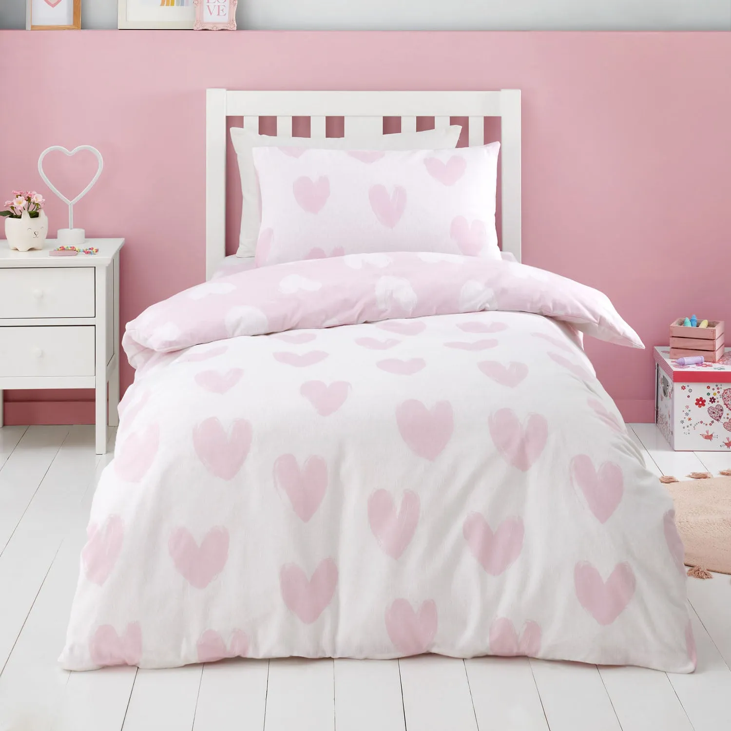 Cot Bed Duvet Set Hearts - Pink, Brushed Cotton