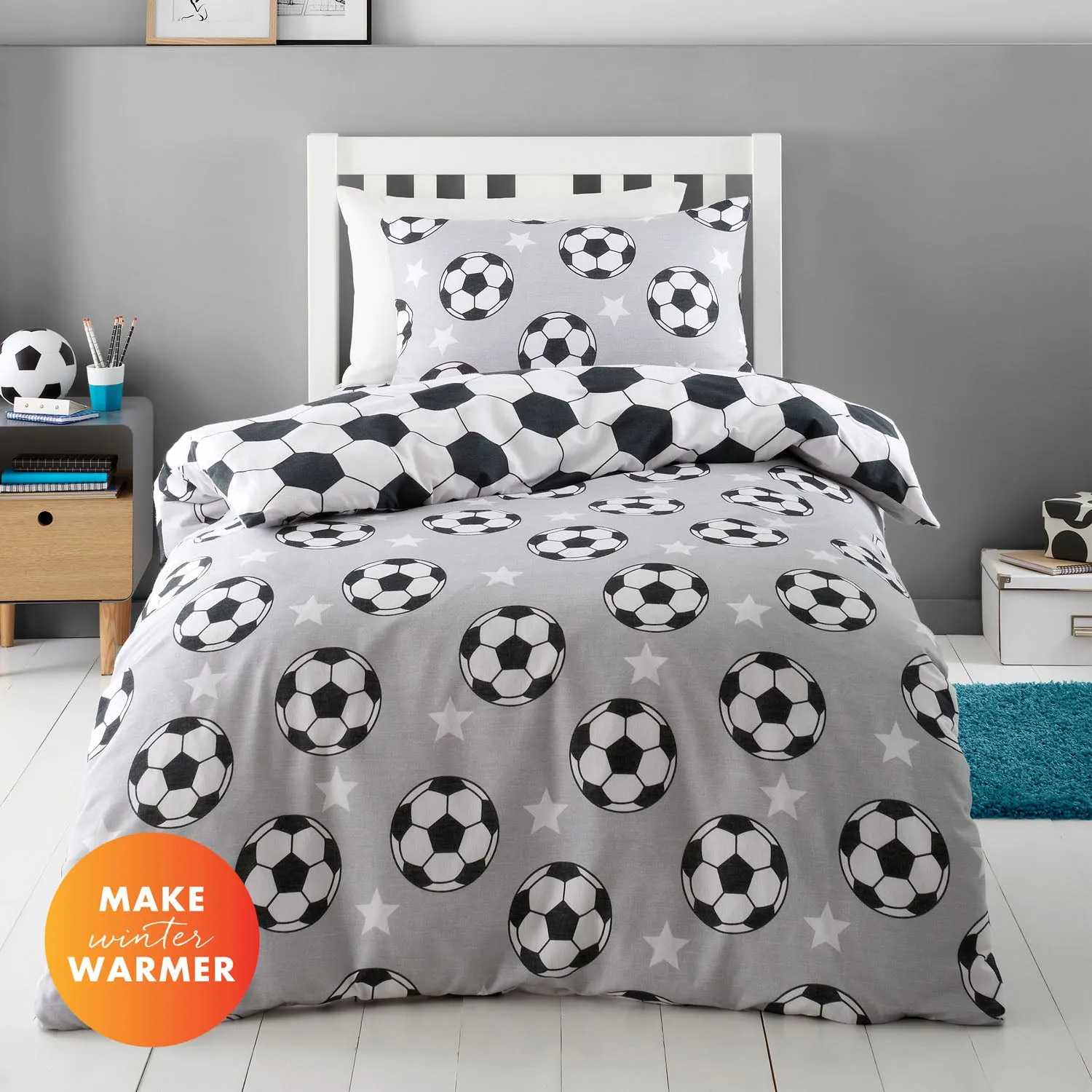 Cot Bed Duvet Set Reversible Football - Grey, Cotton