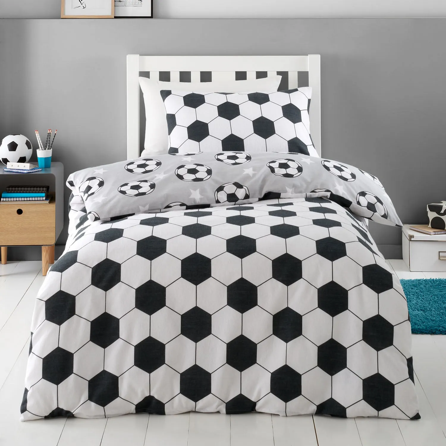 Cot Bed Duvet Set Reversible Football - Grey, Cotton