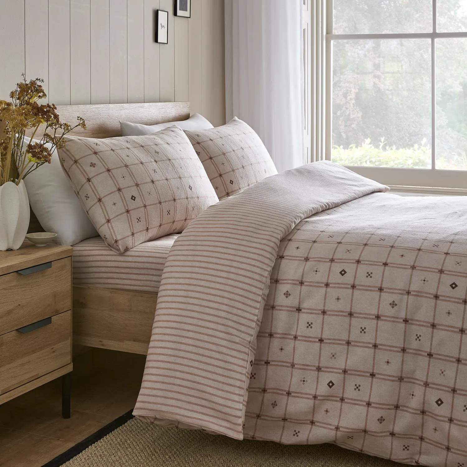 Cottage Check Single Duvet Set - Natural, Brushed Cotton product