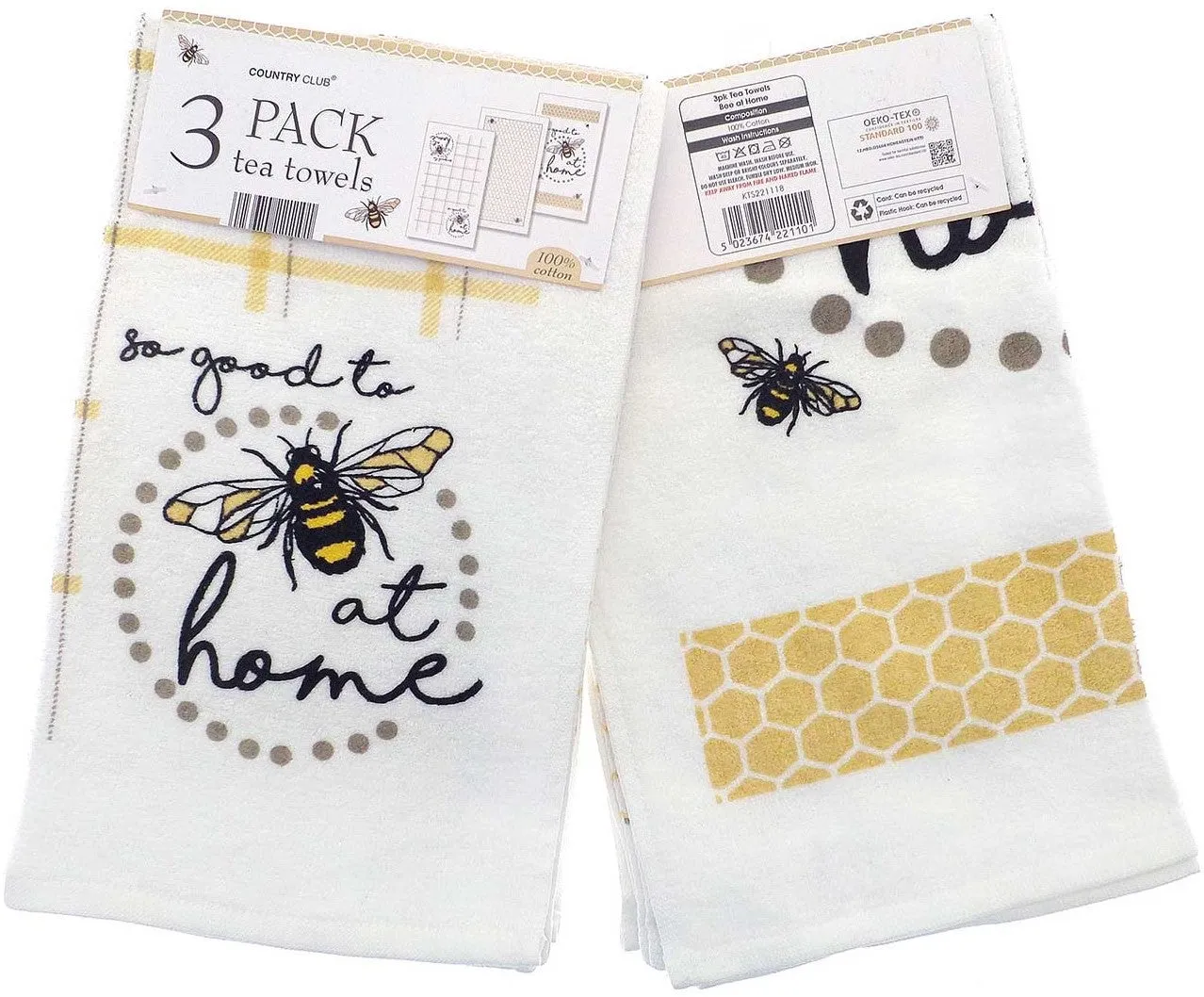 Country Club Bee at Home Velour Tea Towels 3-Pack - Yellow, Cotton by Julian Charles