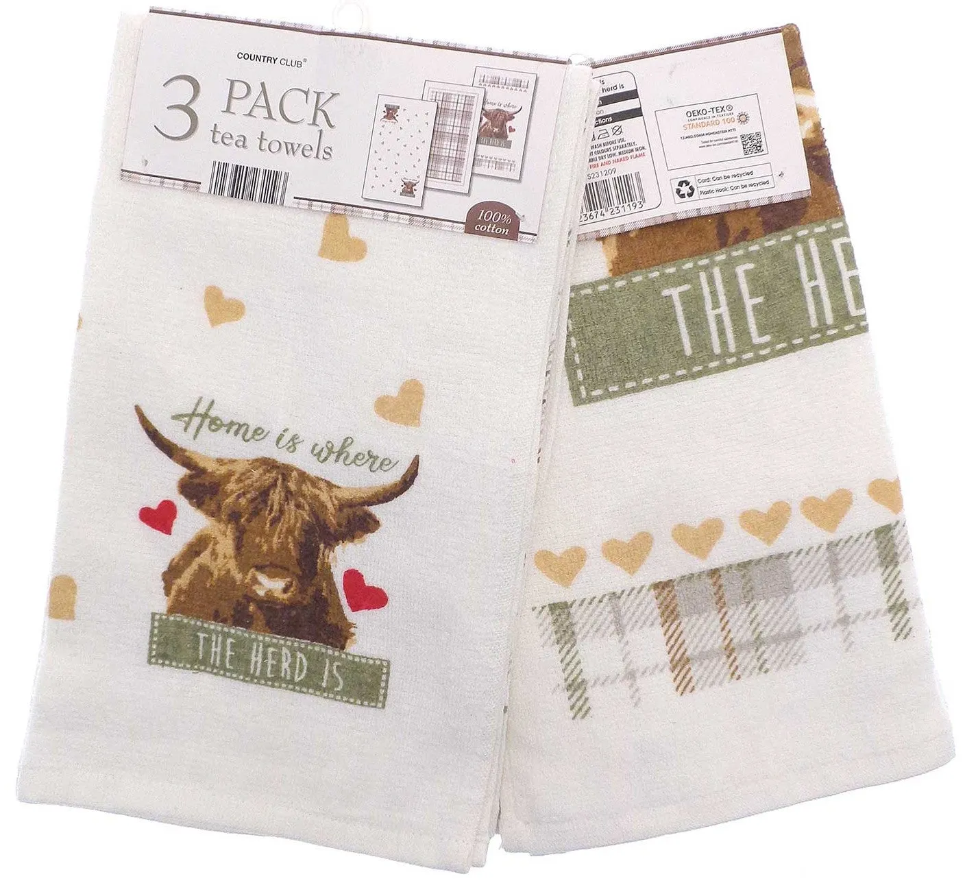 Country Club Highland Cow Tea Towels 3-Pack - Multi by Julian Charles