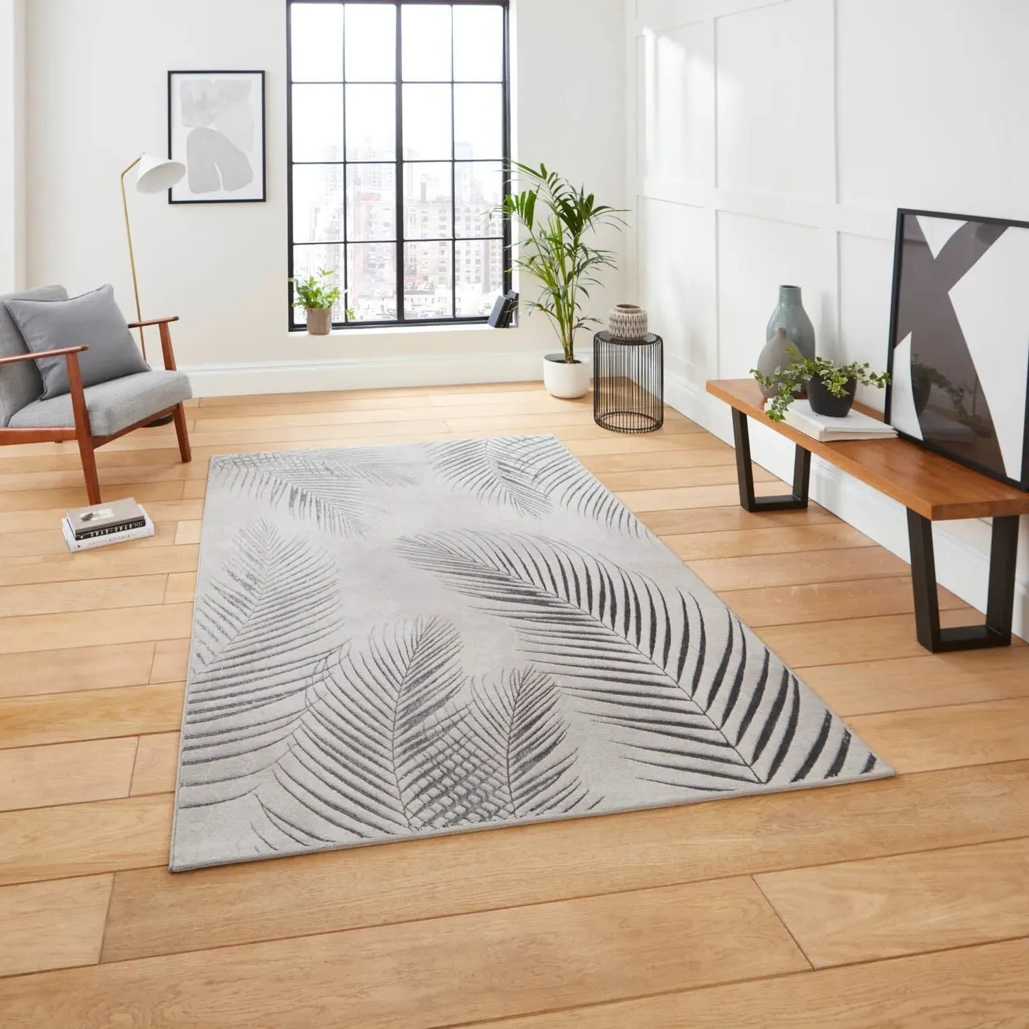 Botanical Leaf Rug with Metallic Effects - Grey product